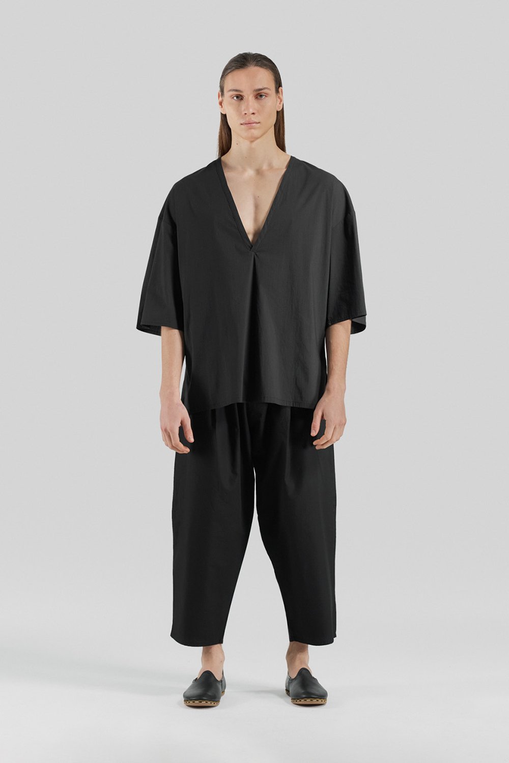 Sertaç Taşdelen-Siyah %100 Pamuk Derin V Yaka Oversized Erkek T-shirt Model T 03-T-Shirts-1-Milagron.com