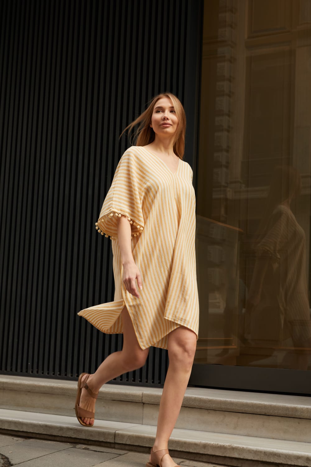 Sfida İstanbul-File Dokulu Pamuk Kısa Kaftan- Organic Cotton Short Stripe Caftan - Sf10-Elbise-3-Milagron.com