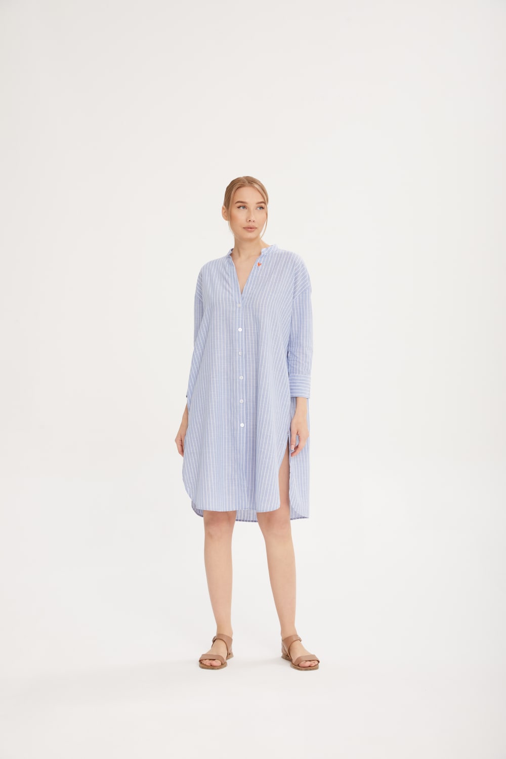 Sfida İstanbul-Keten Dokulu Pamuk Çizgili Midi Elbise - Sf13-Elbise-2-Milagron.com