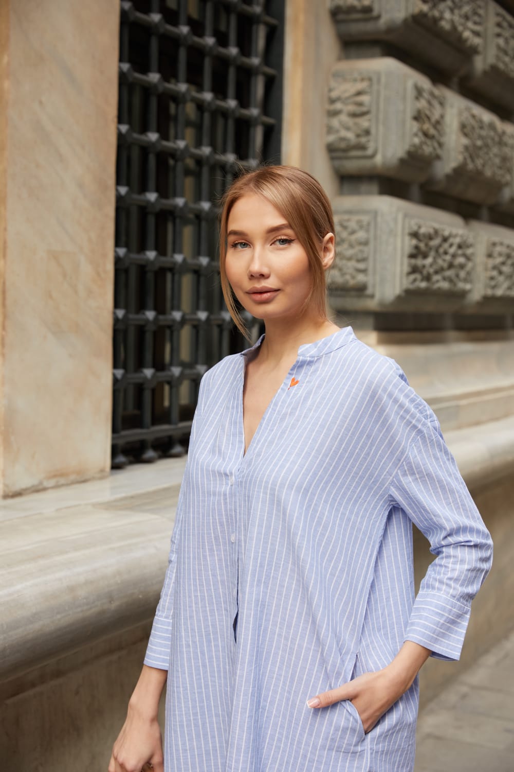 Sfida İstanbul-Keten Dokulu Pamuk Çizgili Midi Elbise - Sf13-Elbise-5-Milagron.com