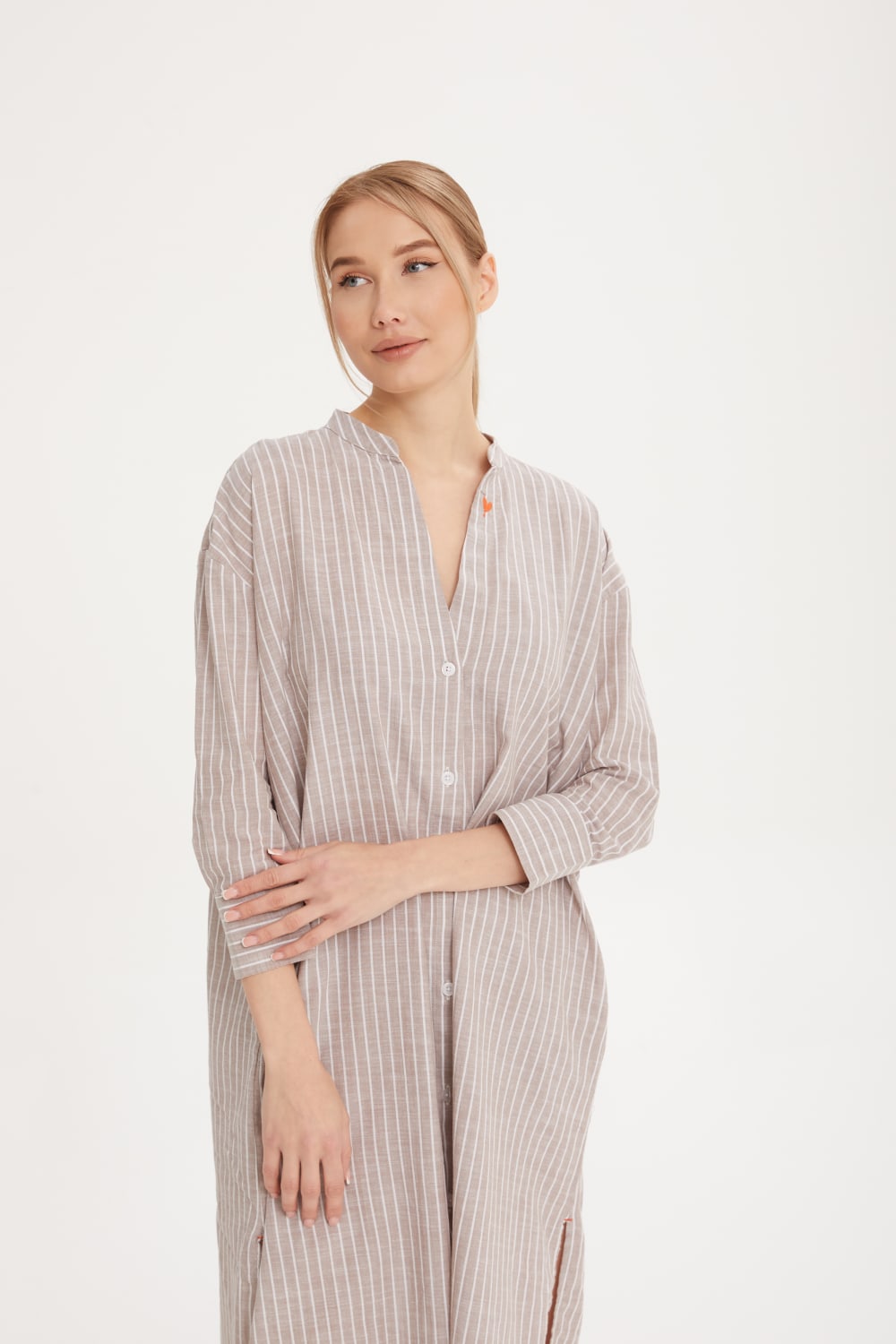 Sfida İstanbul-Keten Dokulu Pamuk Çizgişi Gömlek Elbise- Shirt Dress - Sf14-Elbise-1-Milagron.com