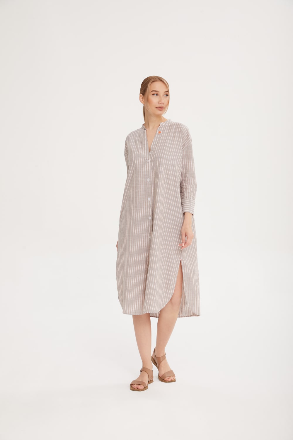 Sfida İstanbul-Keten Dokulu Pamuk Çizgişi Gömlek Elbise- Shirt Dress - Sf14-Elbise-2-Milagron.com