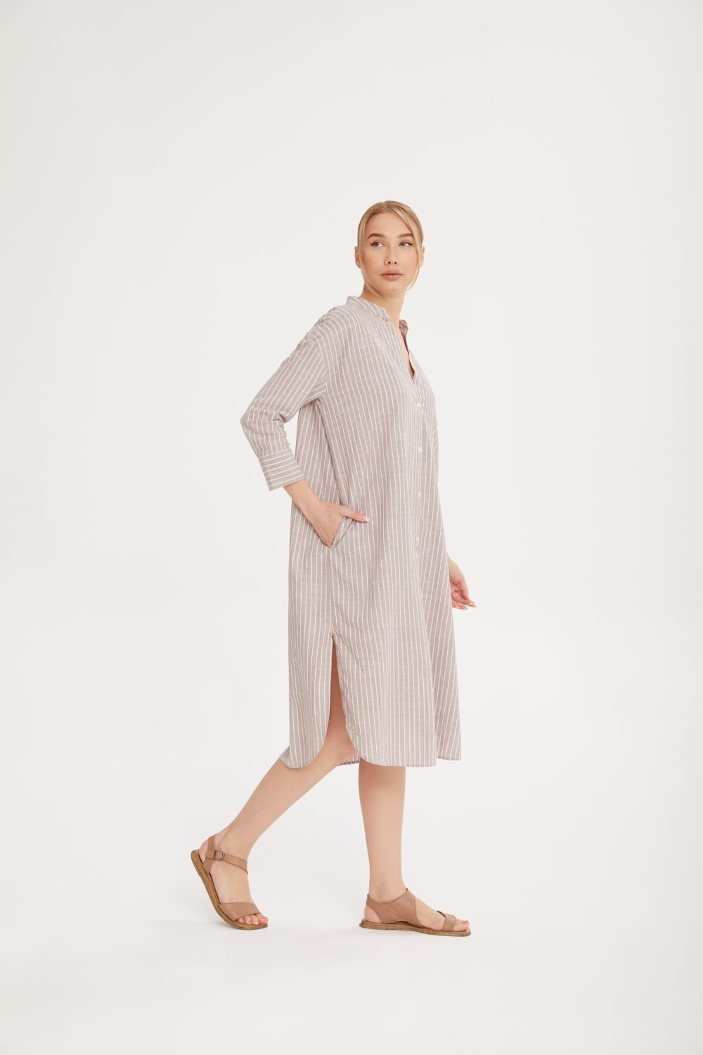 Sfida İstanbul-Keten Dokulu Pamuk Çizgişi Gömlek Elbise- Shirt Dress - Sf14-Elbise-3-Milagron.com