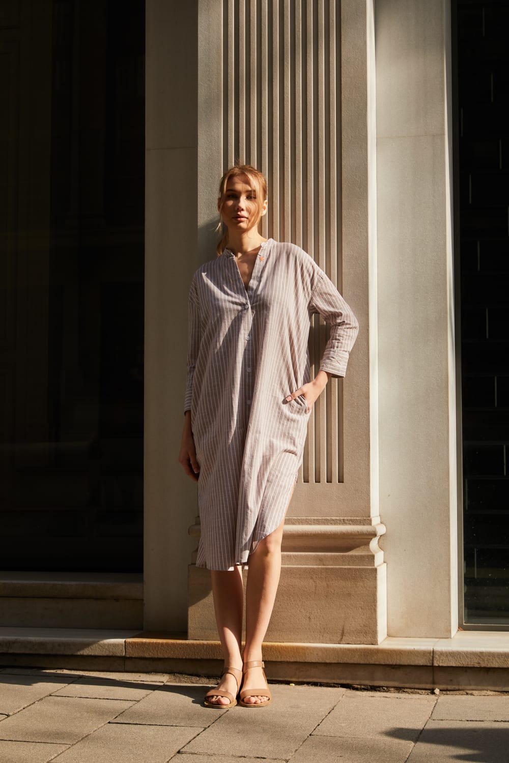 Sfida İstanbul-Keten Dokulu Pamuk Çizgişi Gömlek Elbise- Shirt Dress - Sf14-Elbise-4-Milagron.com