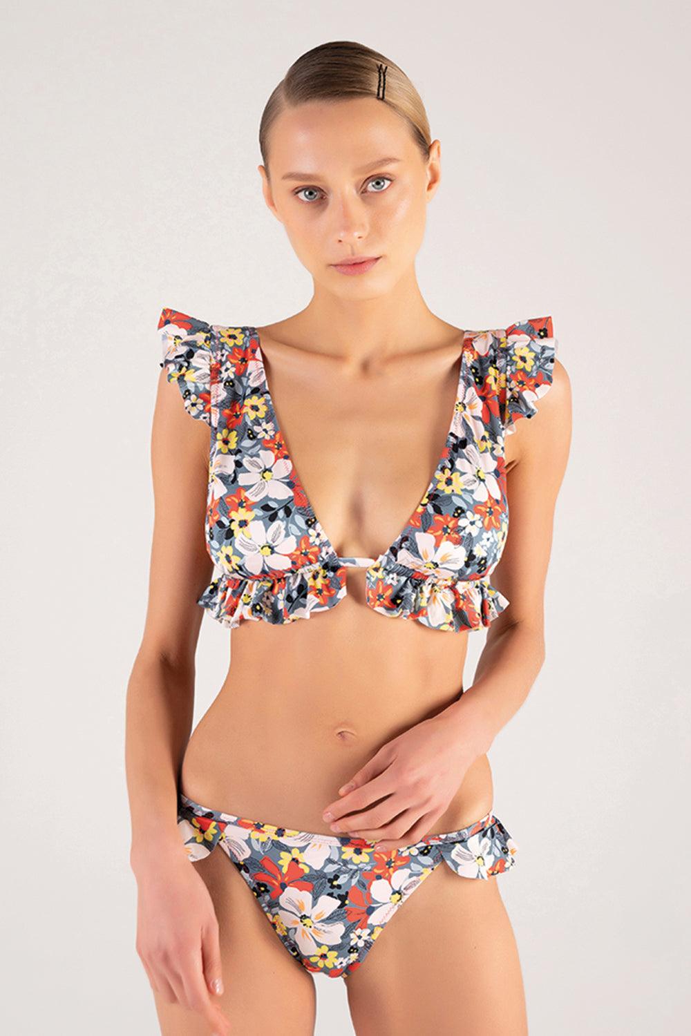 Shikoo Swimwear-Gri V Yaka Çiçekli Bikini Takımı-Bikini & Mayo-2-Milagron.com