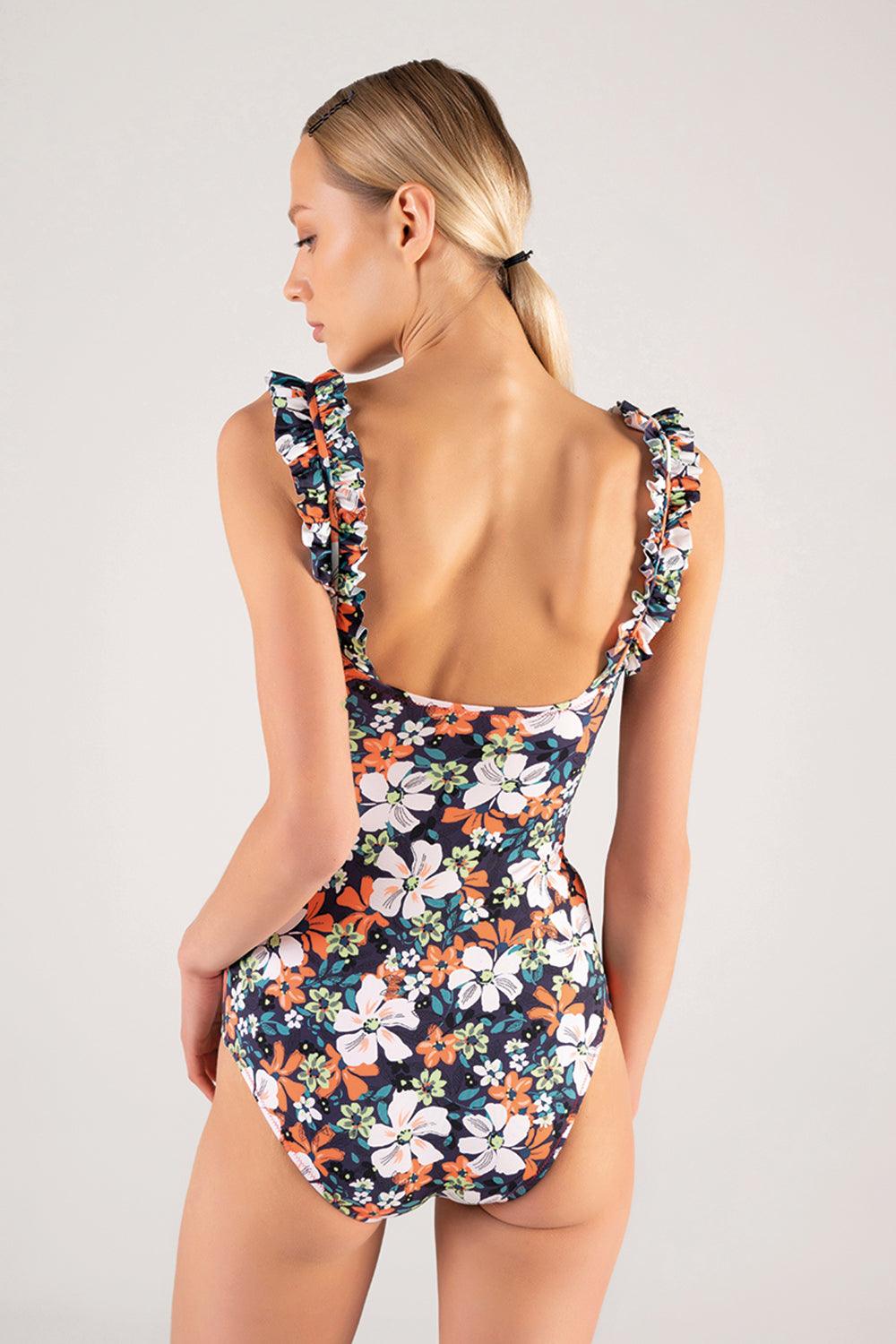 Shikoo Swimwear-Lacivert Fırfır Askılı Çiçekli Mayo-Bikini & Mayo-2-Milagron.com