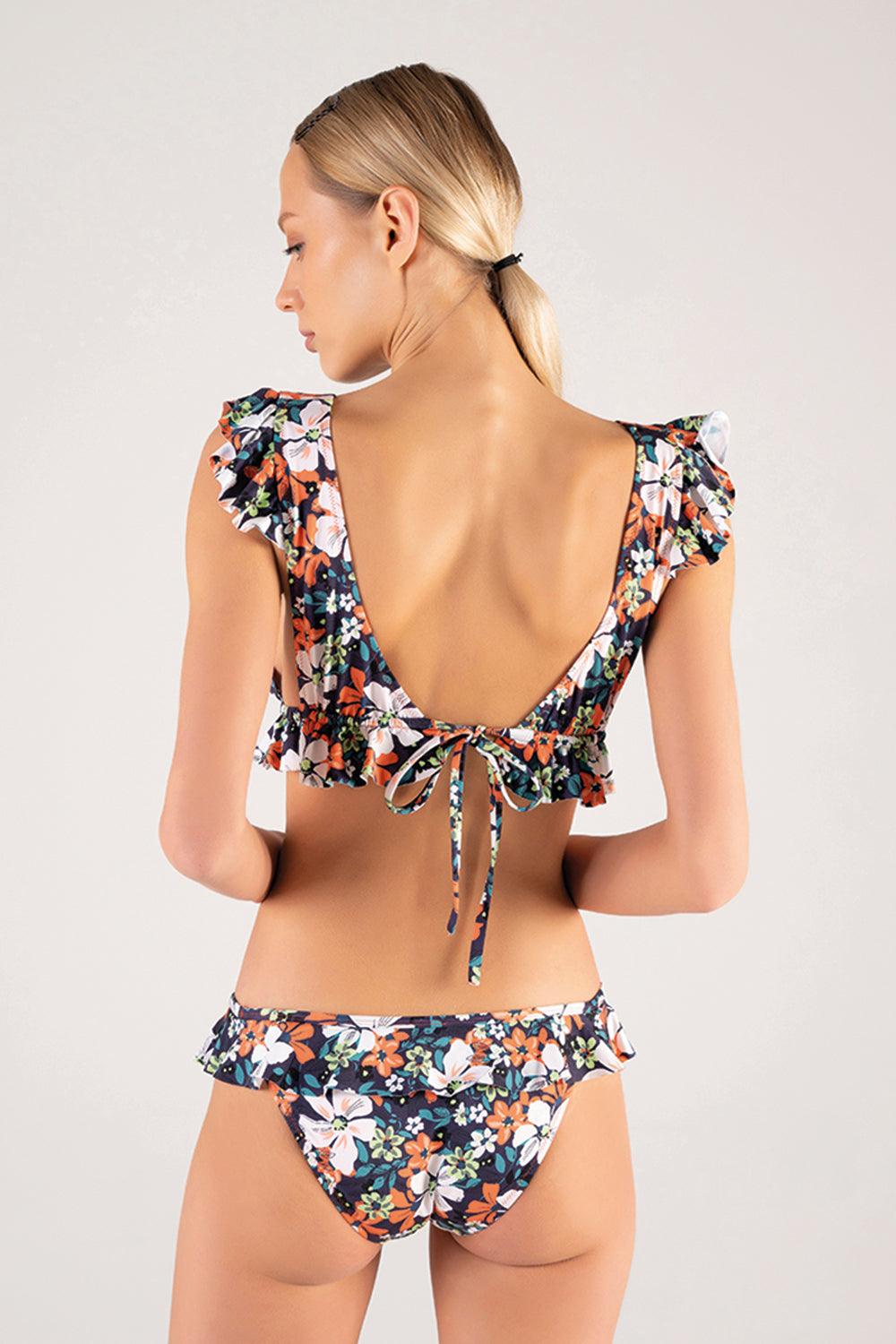 Shikoo Swimwear-Lacivert V Yaka Çiçekli Bikini Takımı-Bikini & Mayo-2-Milagron.com