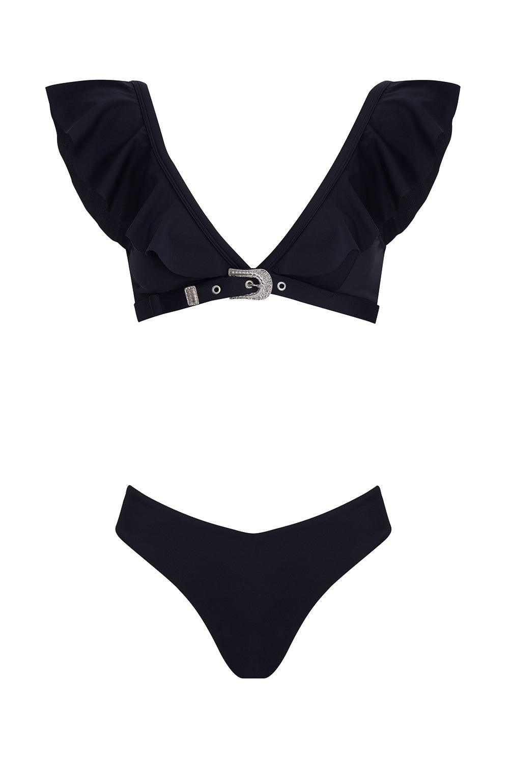 Shikoo Swimwear-Siyah Kemer Tokalı Volanlı Bikini Takımı-Bikini & Mayo-3-Milagron.com