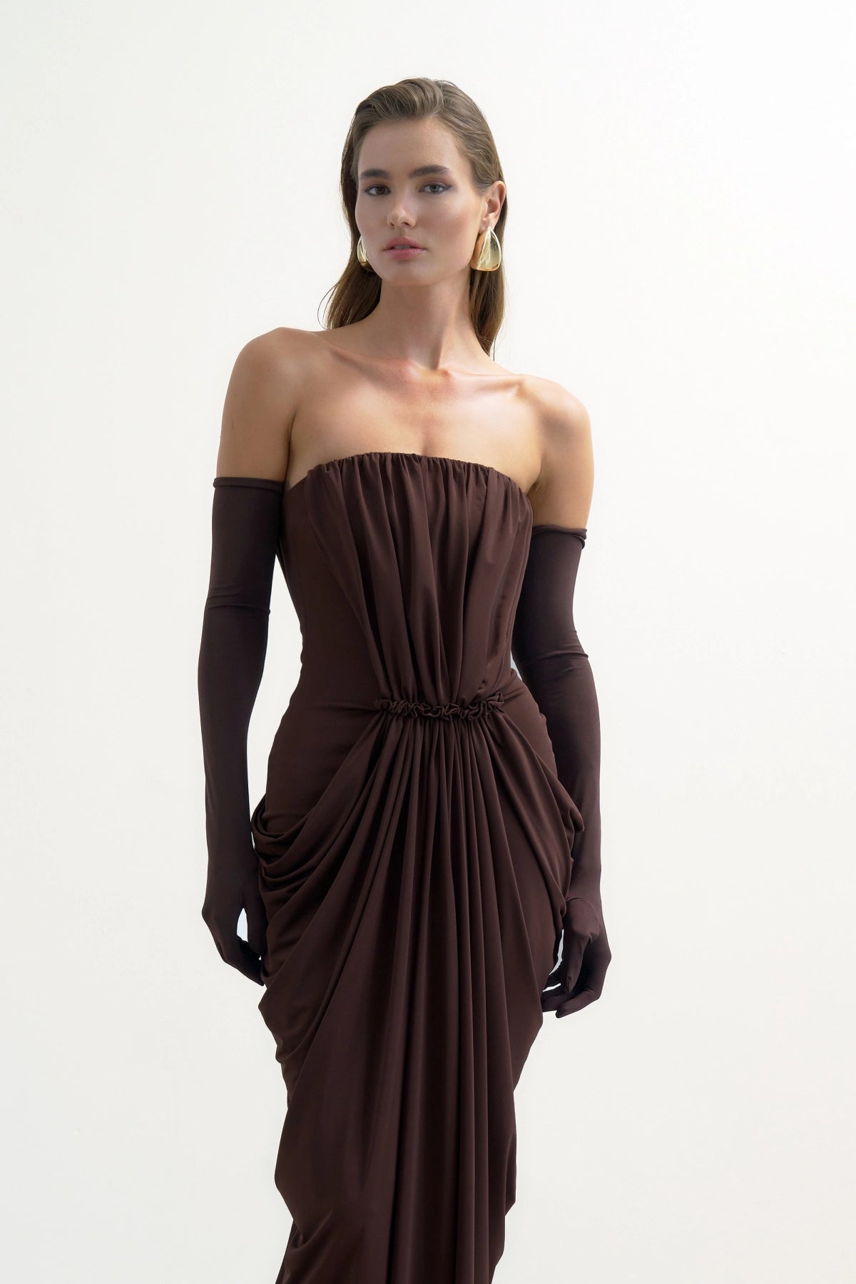 Kahverengi Drape Detayli Straplez Maxi ElbiSe