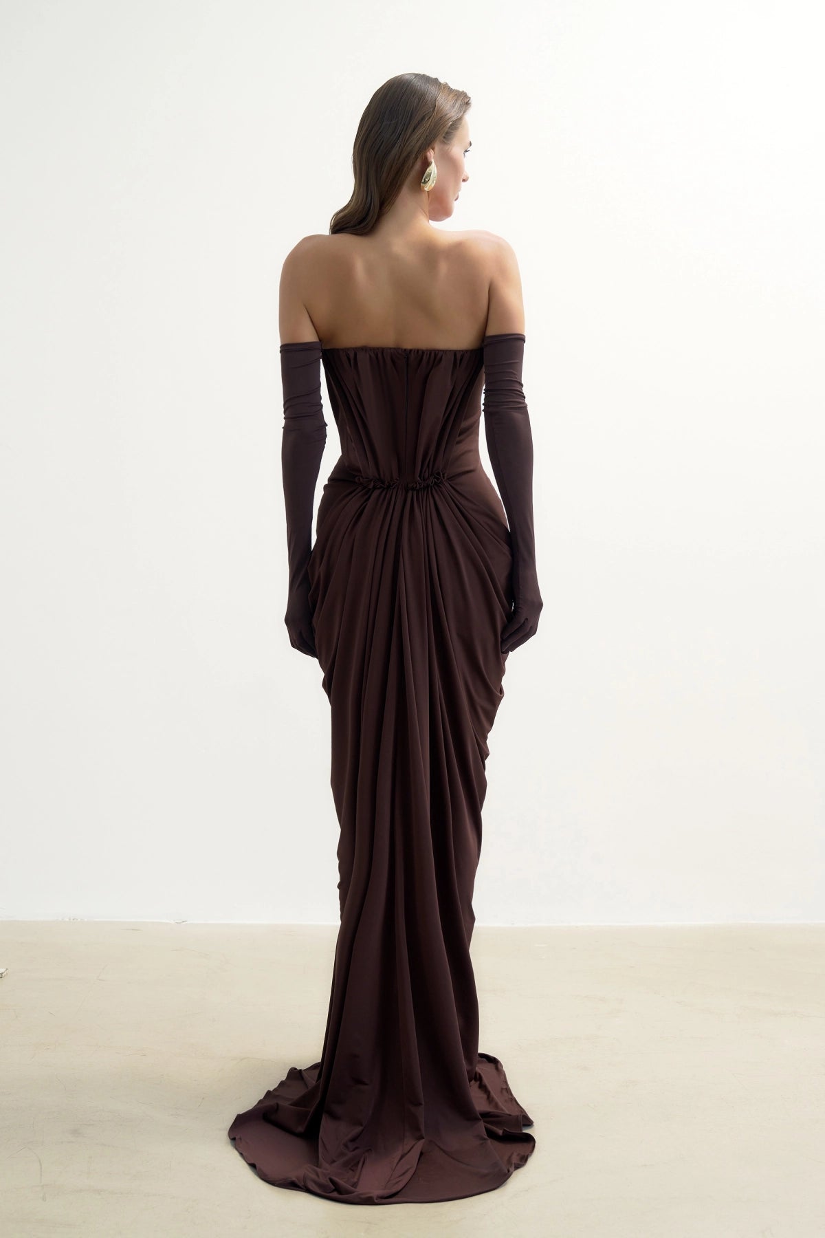 Kahverengi Drape Detayli Straplez Maxi ElbiSe