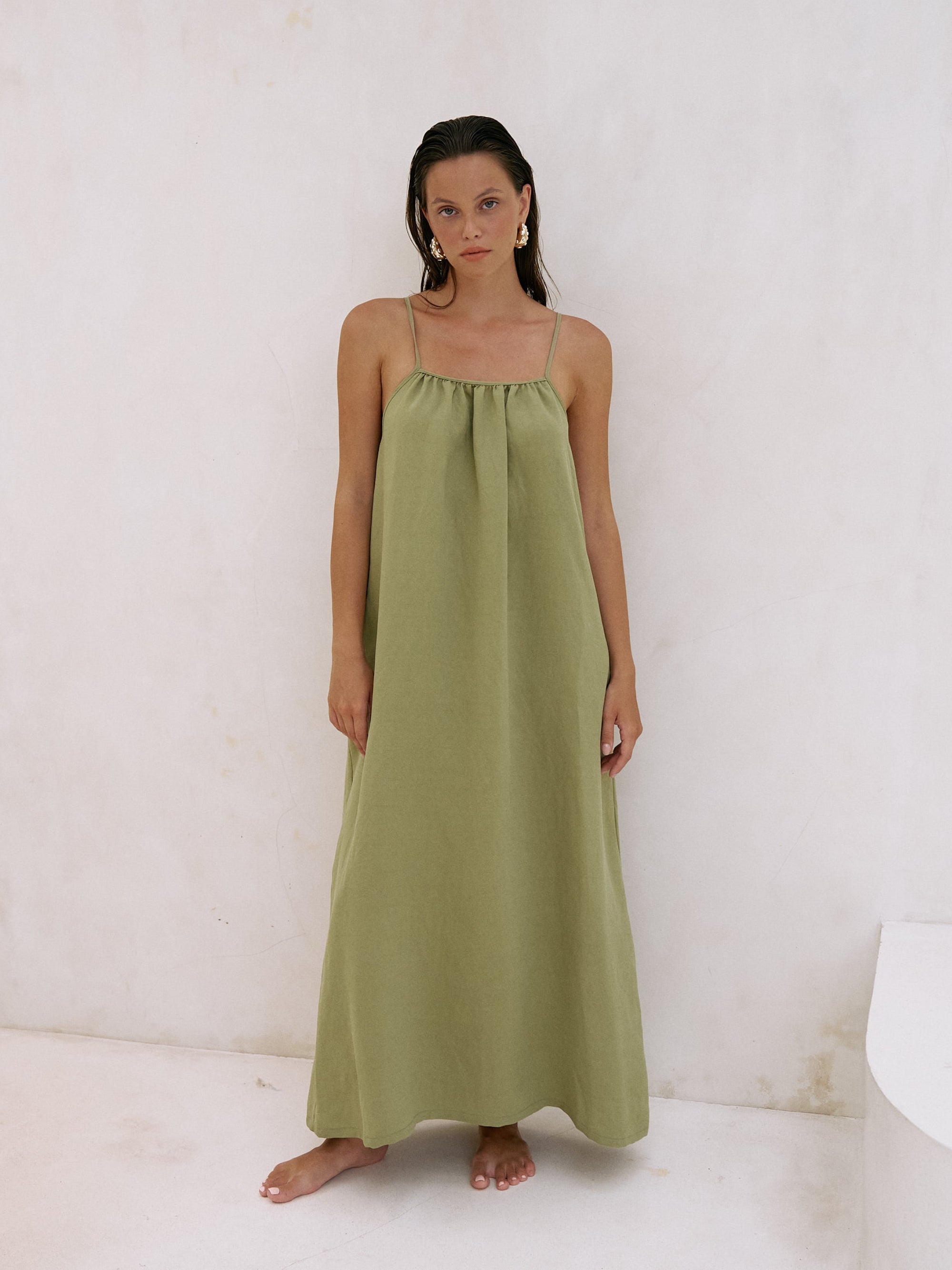 The Handloom-Bliss Flow Maxi Dress Khaki Green-Elbise-1-Milagron.com
