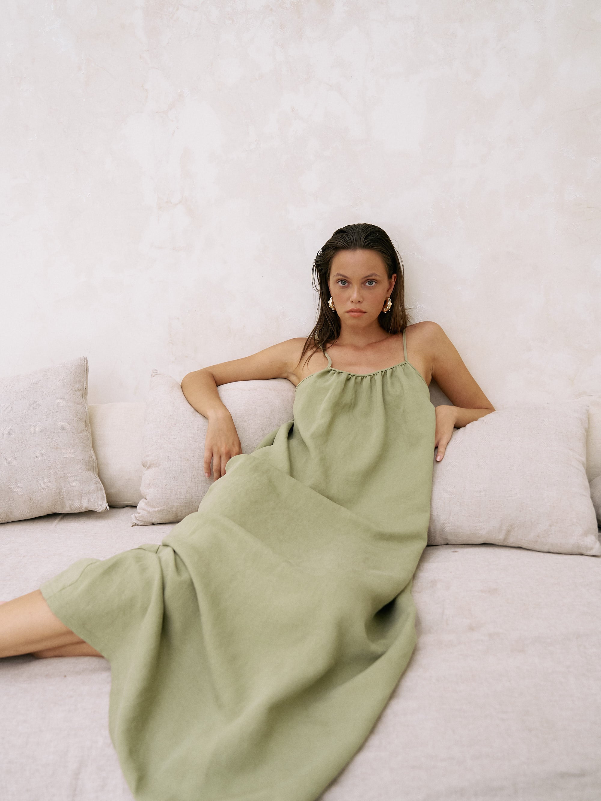 The Handloom-Bliss Flow Maxi Dress Khaki Green-Elbise-2-Milagron.com