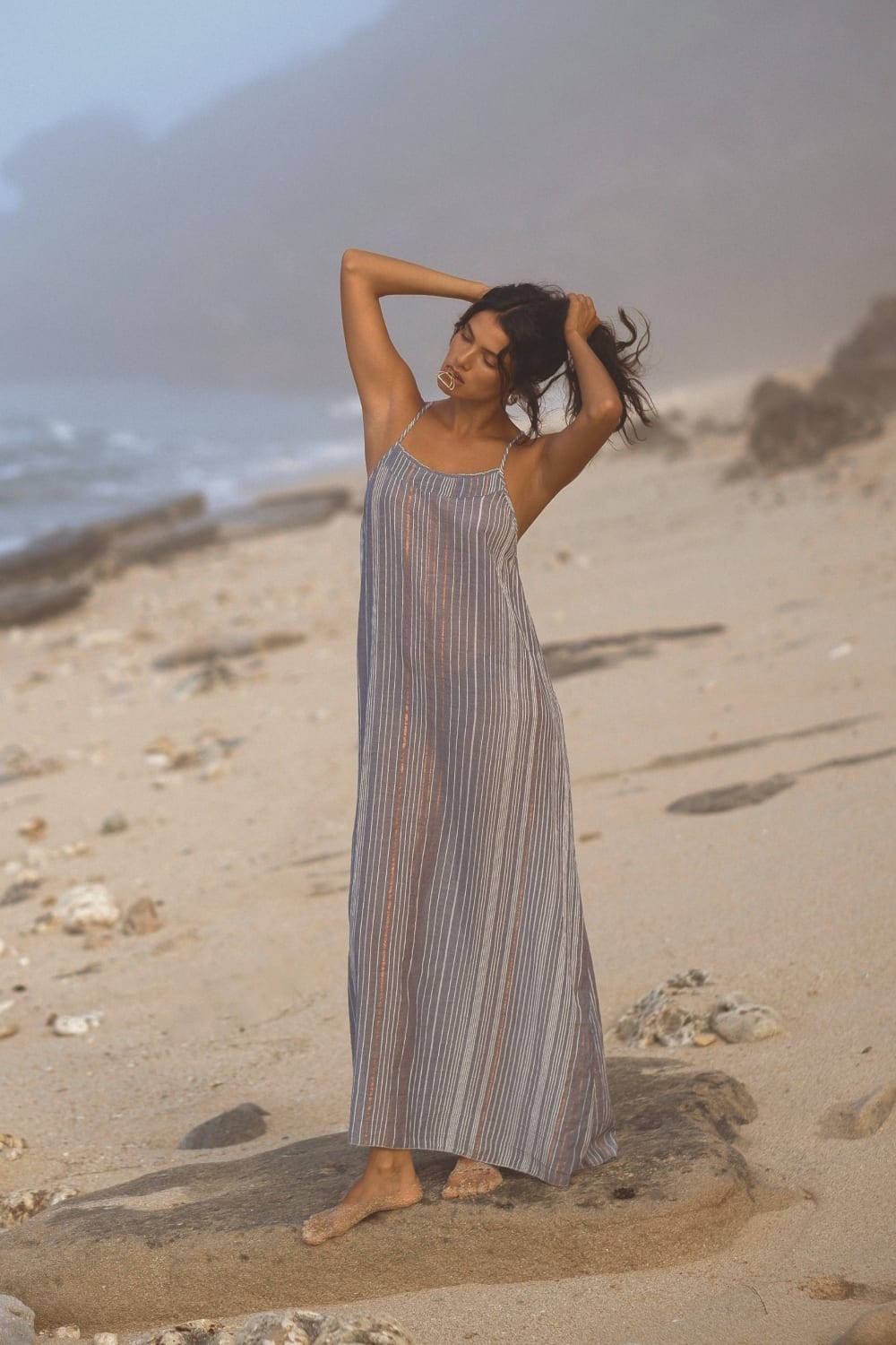 The Handloom-Canggu Maxi Dress Navy With Stripes-Elbise-1-Milagron.com