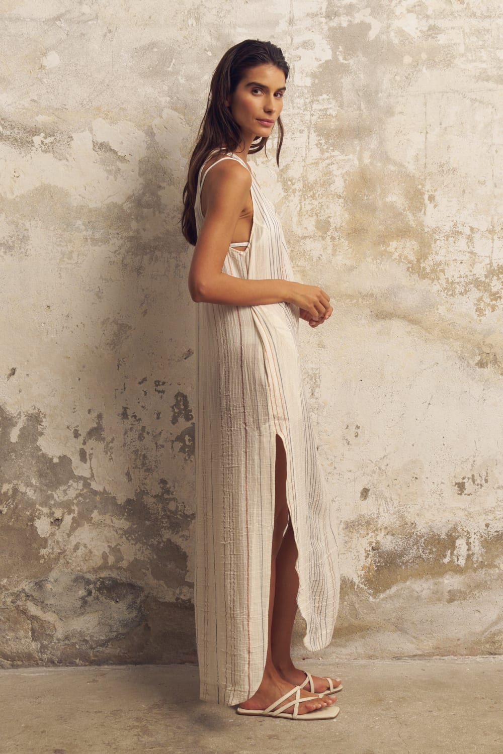 The Handloom-Day Break Dress Natural With Stripes-Elbise-3-Milagron.com