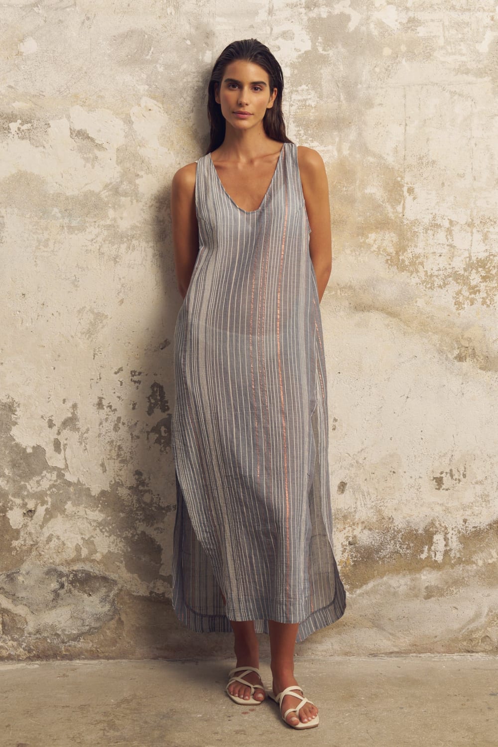 The Handloom-Day Break Dress Navy With Stripes-Elbise-1-Milagron.com