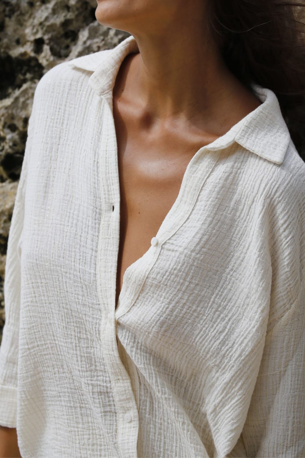The Handloom-Echo Maxi Shirt Natural With Gold Stripes-Gömlek-3-Milagron.com