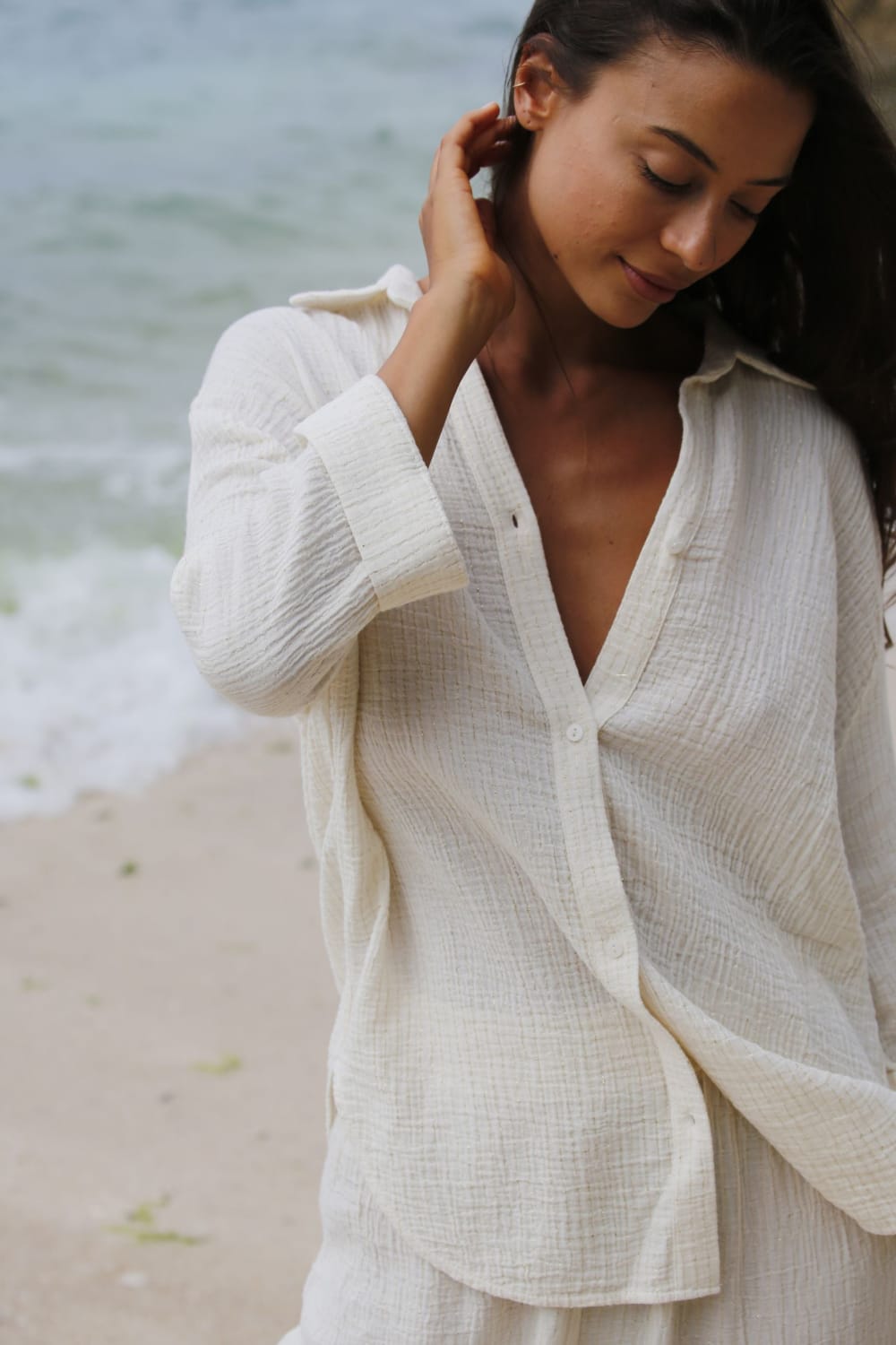 The Handloom-Echo Maxi Shirt Natural With Gold Stripes-Gömlek-4-Milagron.com