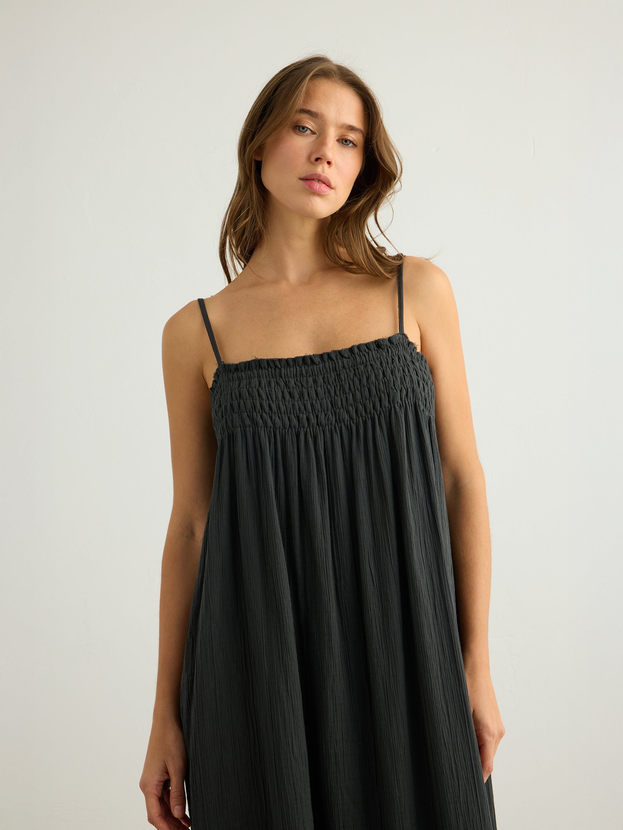 Kaya Smocked Maxi Dress - Charcoal