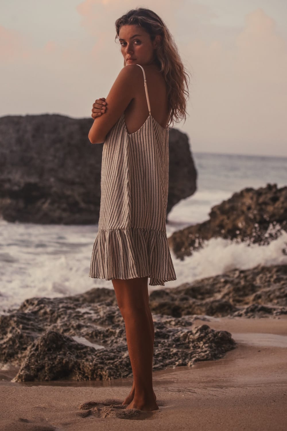 The Handloom-Liv Mini Ruffle Dress Black Stripes-Elbise-4-Milagron.com