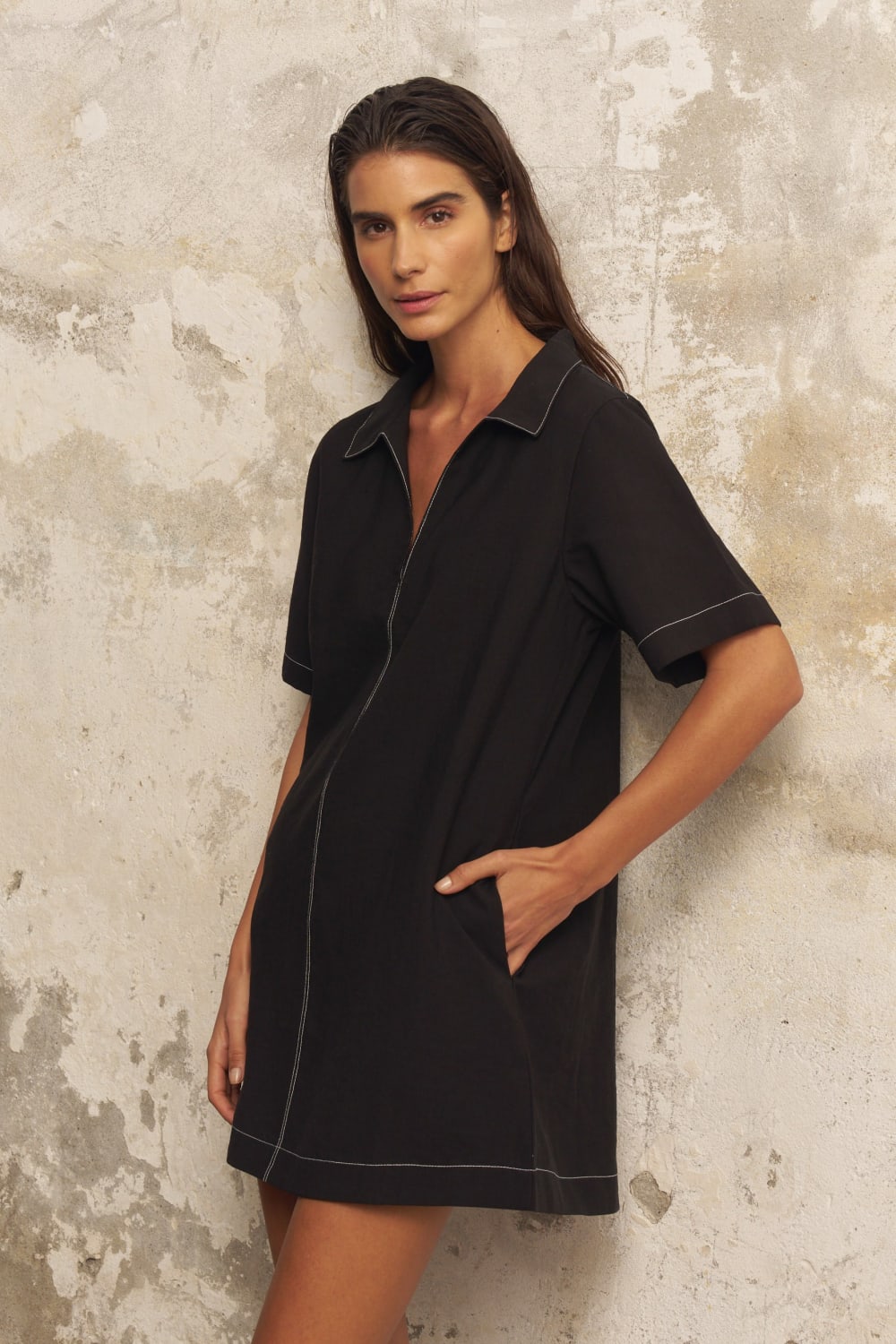 The Handloom-Mae Popover Mini Dress Black-Elbise-4-Milagron.com