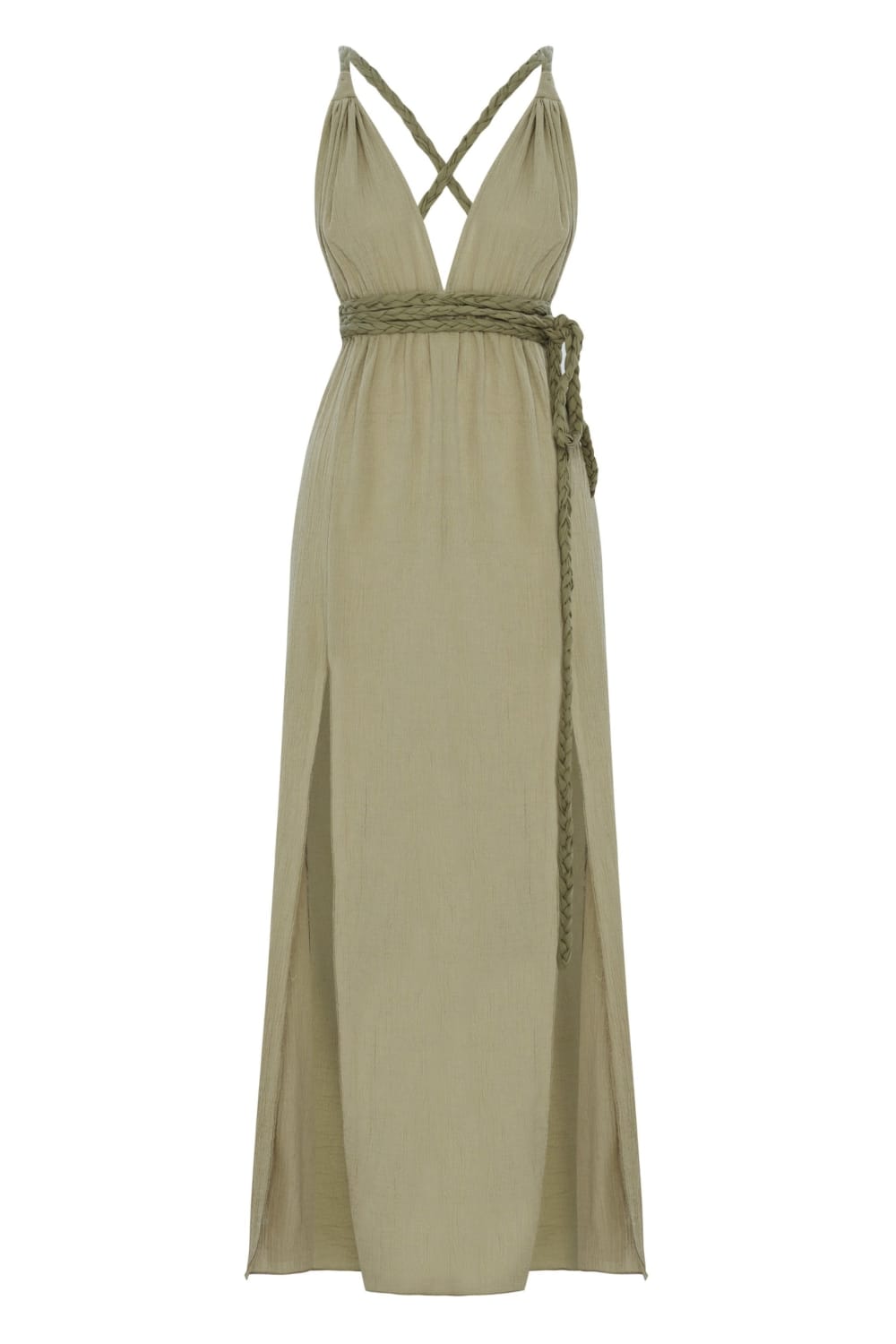The Handloom-Muse Braided Straps Dress Khaki Green-Elbise-5-Milagron.com