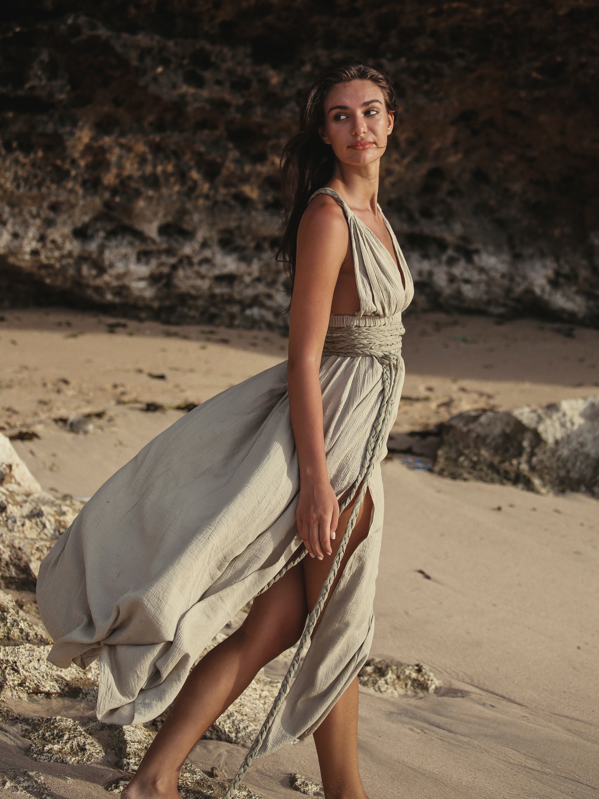 The Handloom-Muse Braided Straps Dress Khaki Green-Elbise-7-Milagron.com