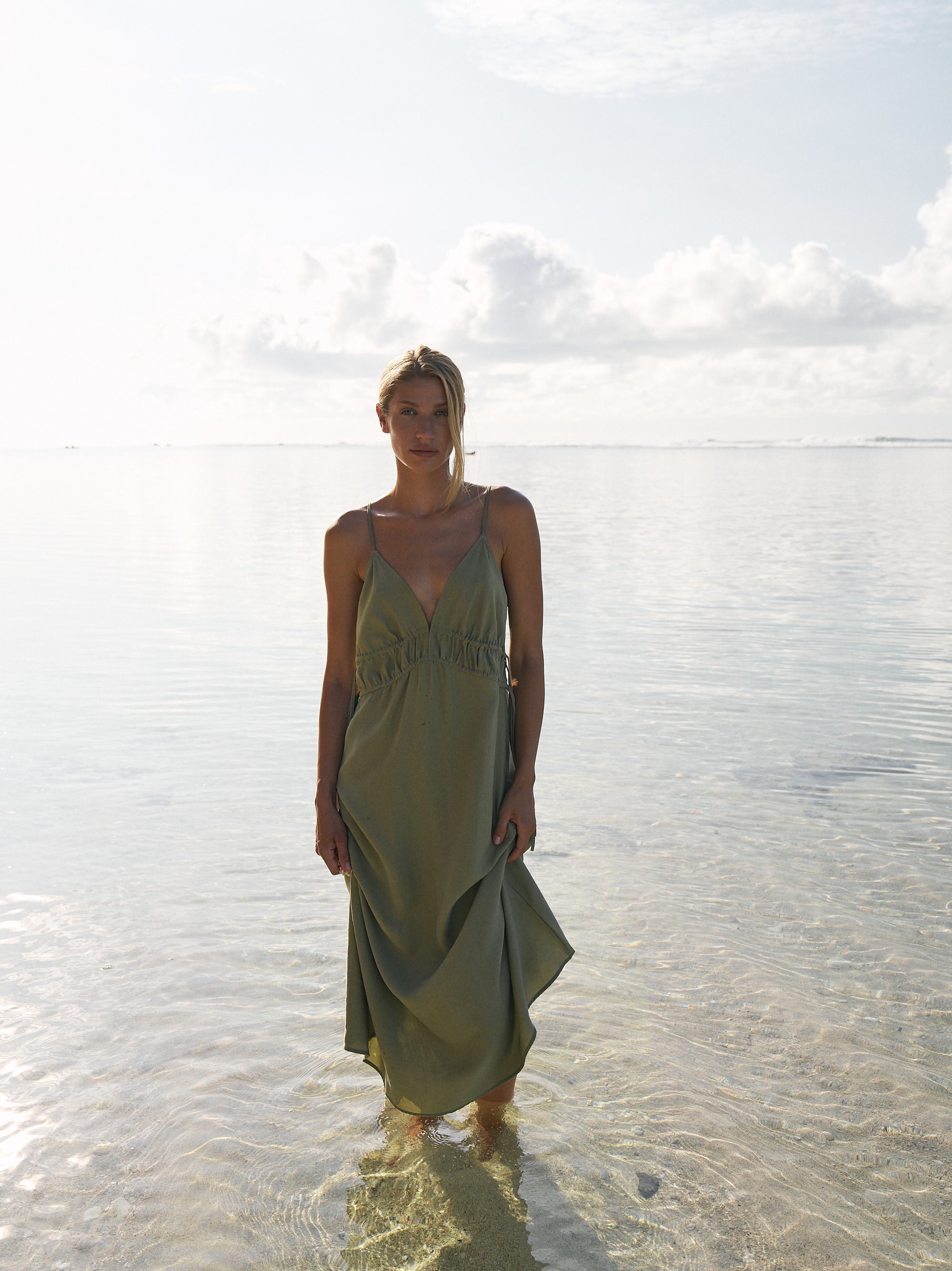 The Handloom-Sofia Ties Maxi Dress Khaki Green-Elbise-1-Milagron.com