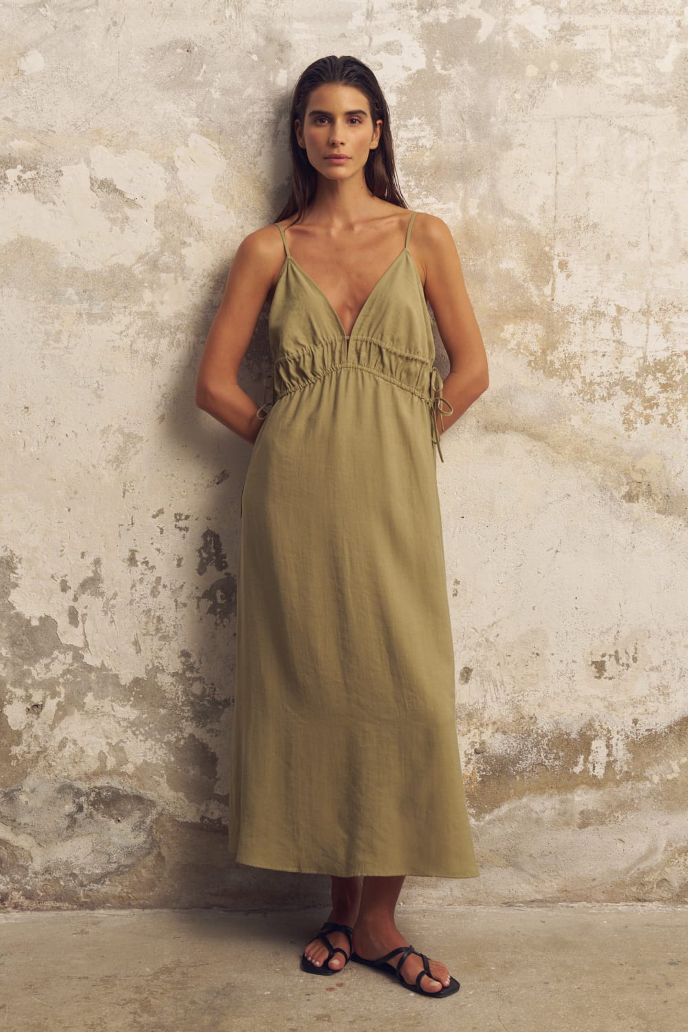 The Handloom-Sofia Ties Maxi Dress Khaki Green-Elbise-1-Milagron.com