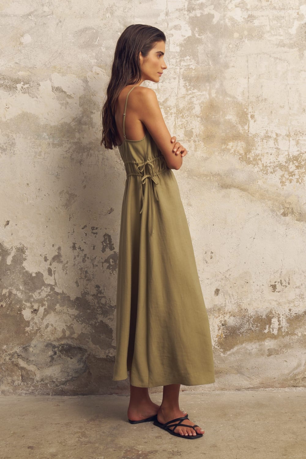 The Handloom-Sofia Ties Maxi Dress Khaki Green-Elbise-2-Milagron.com