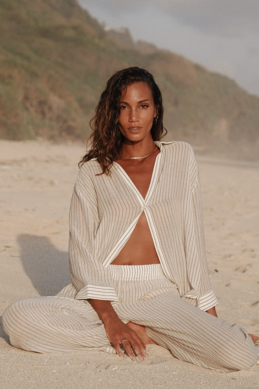 The Handloom-Voyage Set Khaki Green Stripes-Alt - Üst Takım-3-Milagron.com