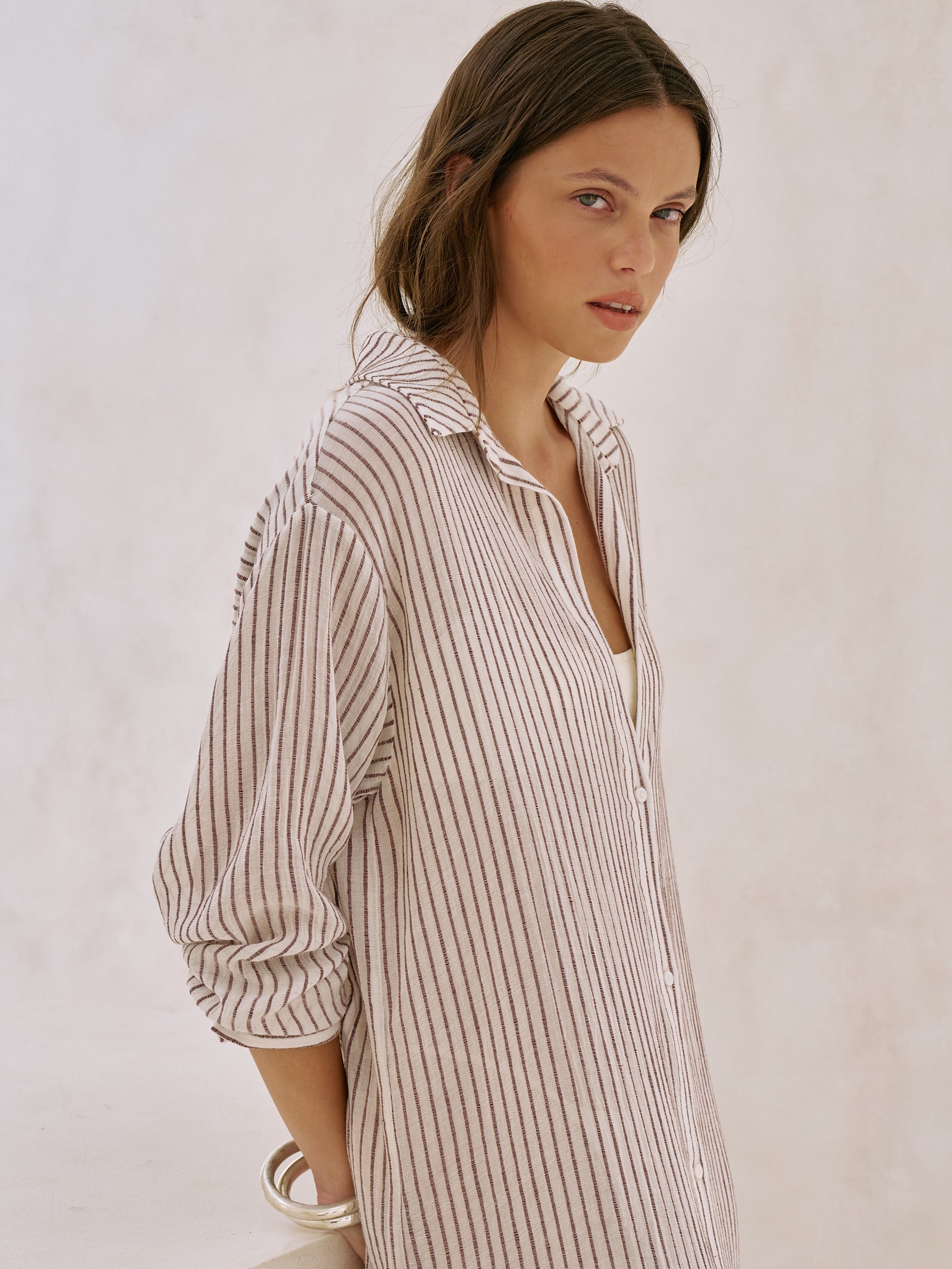 The Handloom-Voyage Shirt Dress Burgundy Stripes-Dress-2-Milagron.com