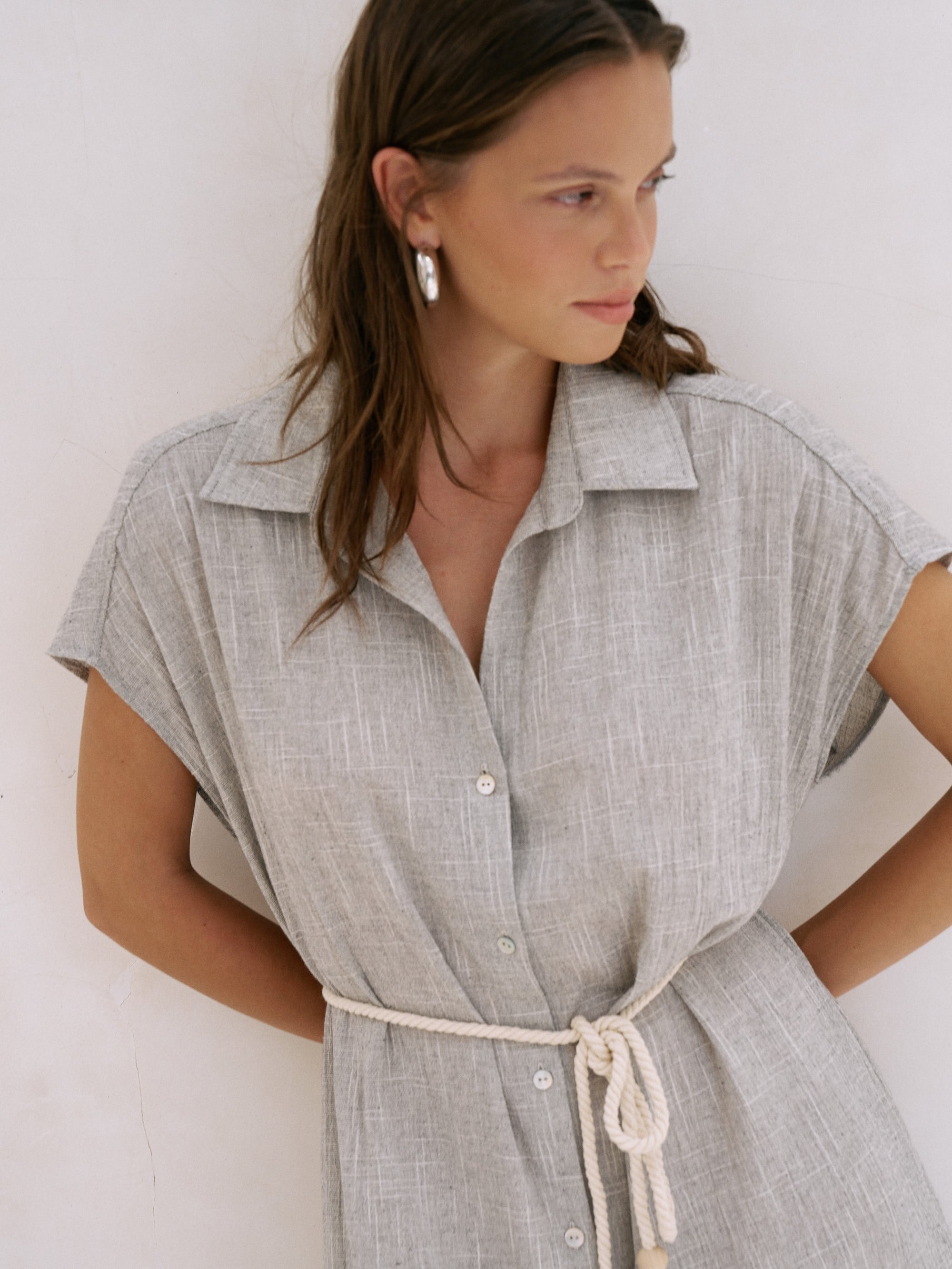 The Handloom-Zaya Shirt Dress Gray-Elbise-3-Milagron.com