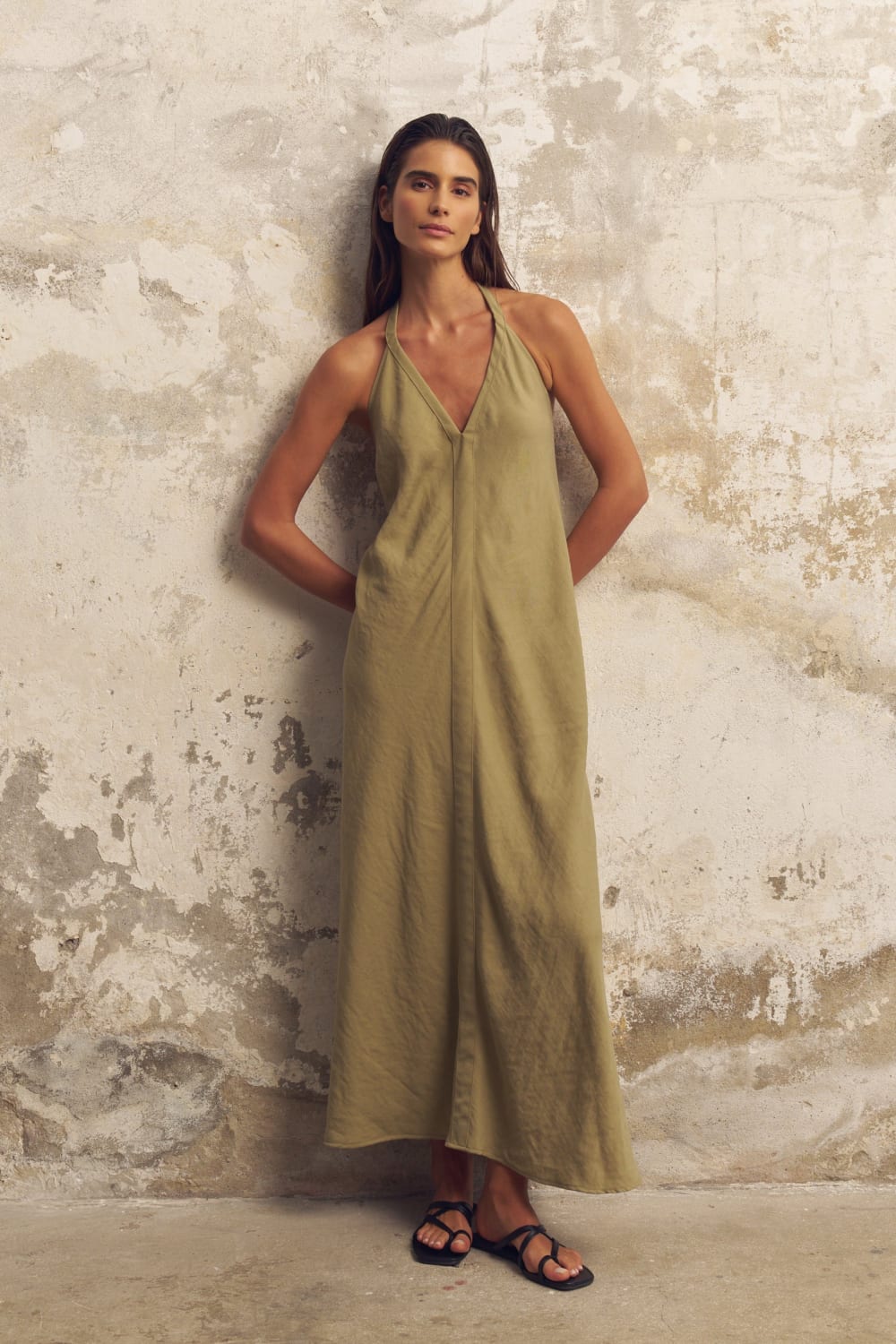 The Handloom-Zoe Maxi Dress Khaki Green-Elbise-1-Milagron.com
