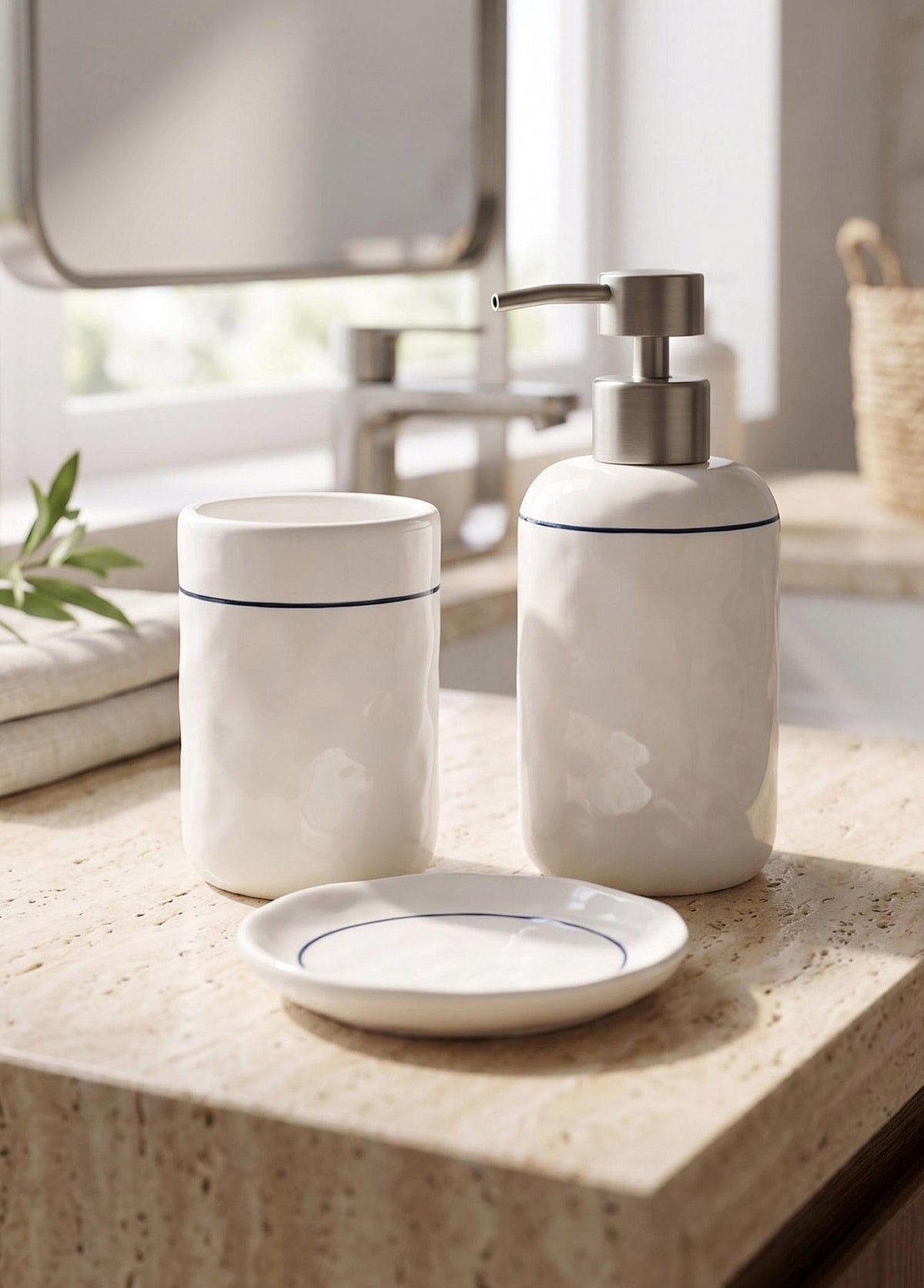 Pure Banyo Seti Beyaz Mavi 3 Parça