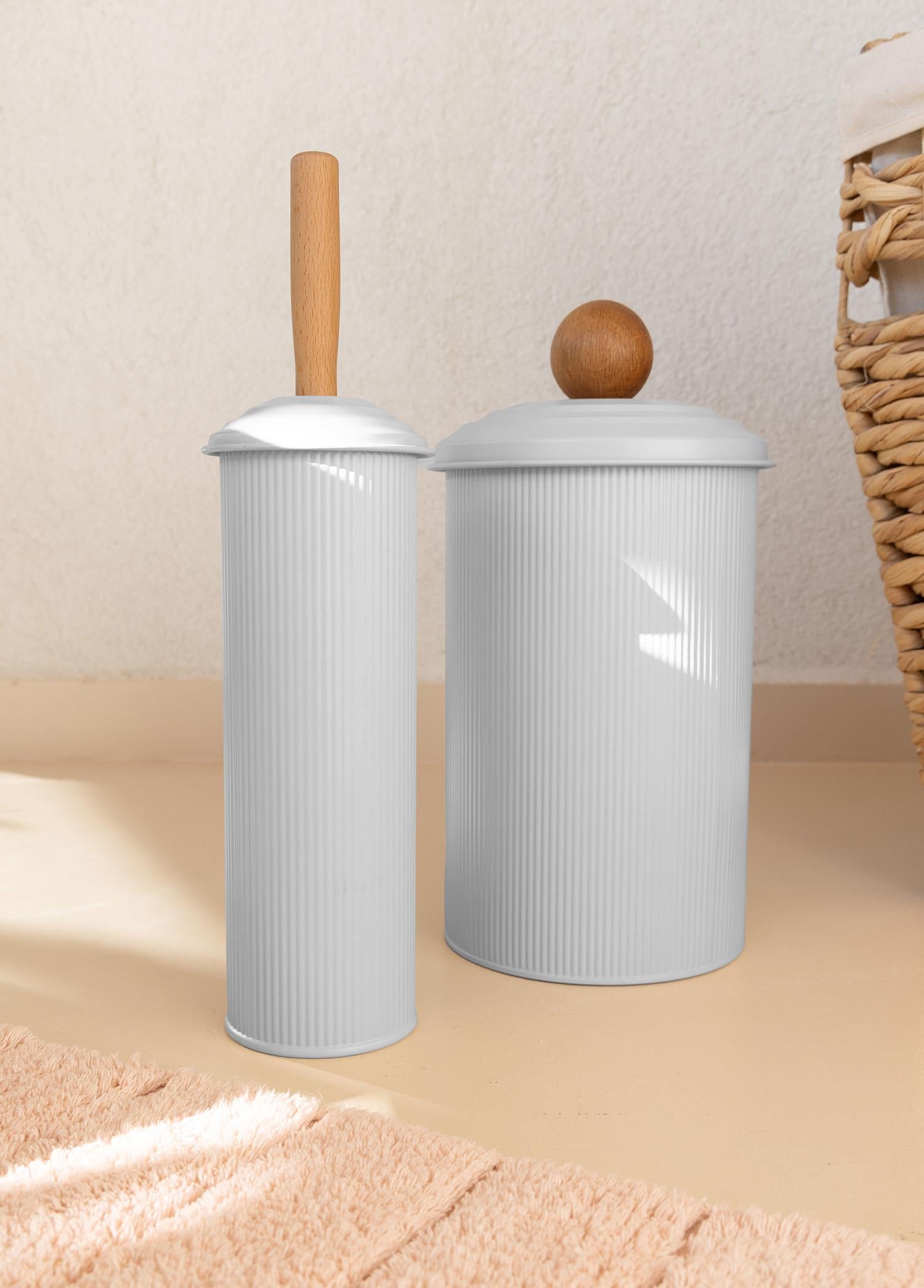 Stripe Çöp Kovası Tuvalet Fırçası Banyo Seti Beyaz