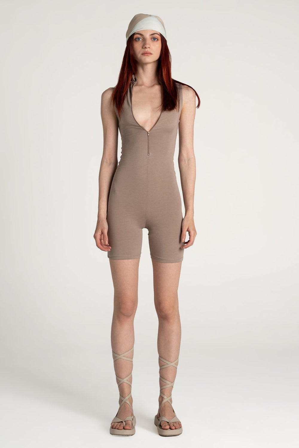 Tiny-Açık Kahverengi Önden Fermuarlı Şort Bodysuit-Bodysuit-1-Milagron.com