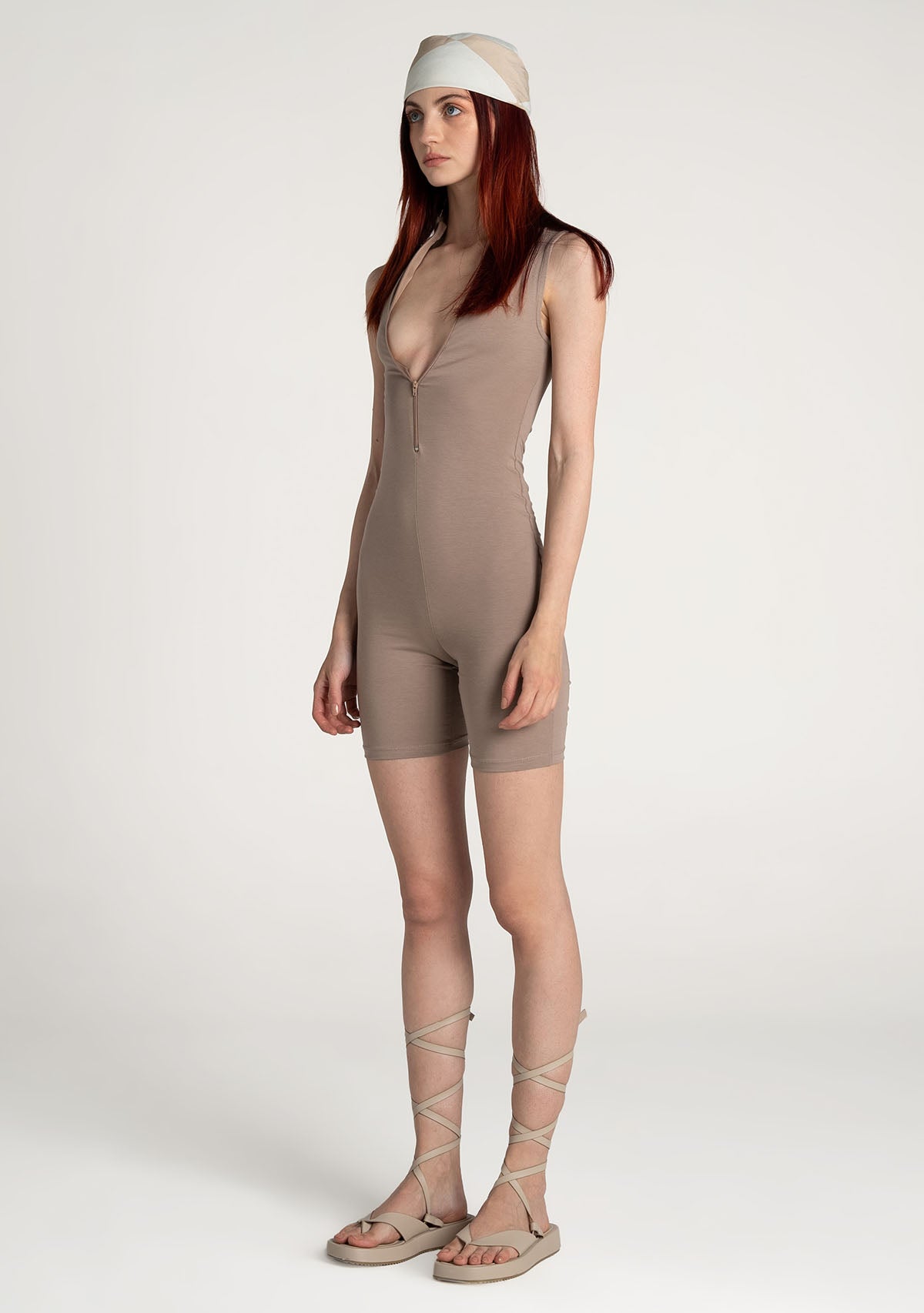 Tiny-Açık Kahverengi Önden Fermuarlı Şort Bodysuit-Bodysuit-3-Milagron.com