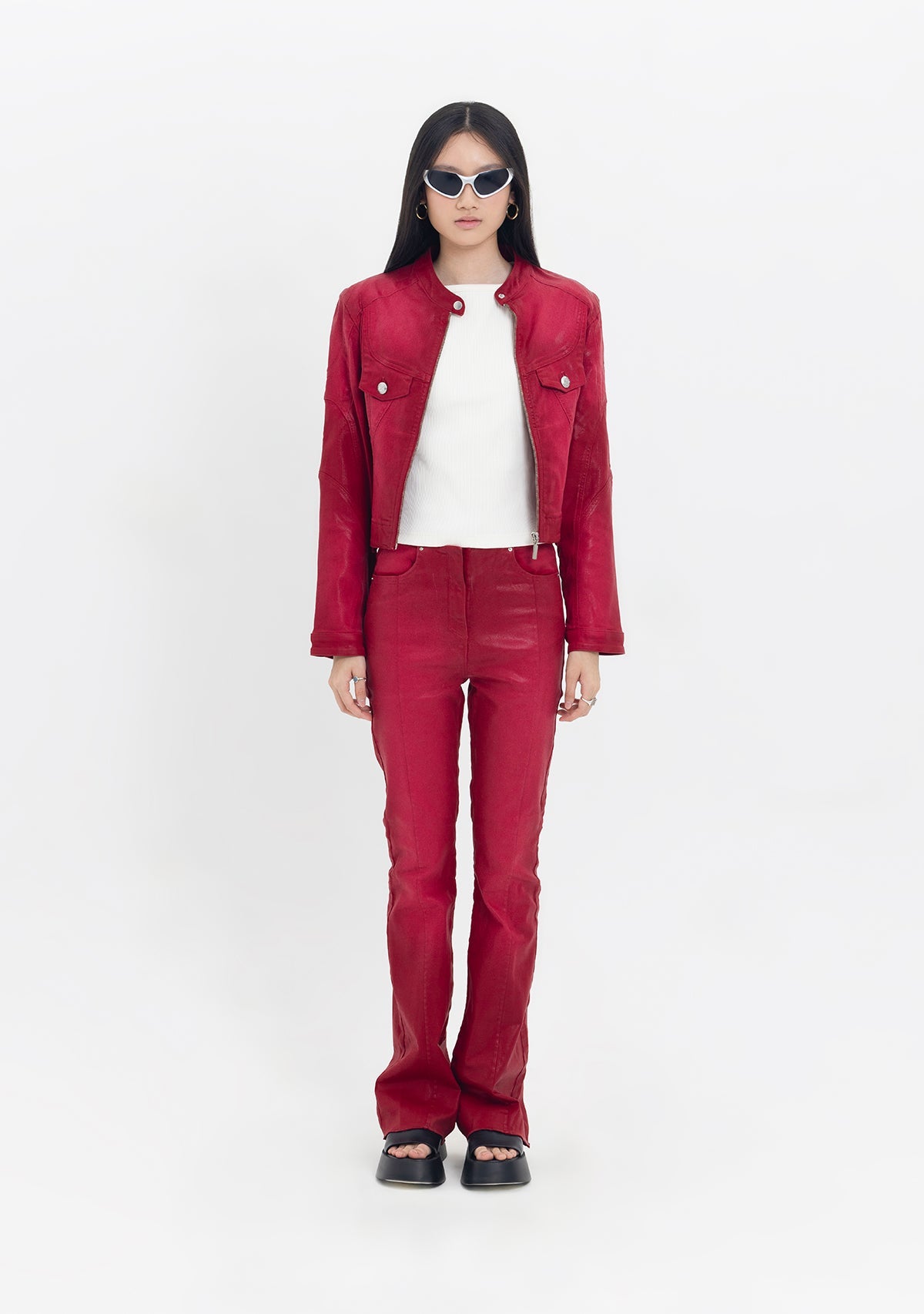 Tiny-Deri Görünümlü Pamuklu Kırmızı Pantolon-Deri Pantolon-4-Milagron.com