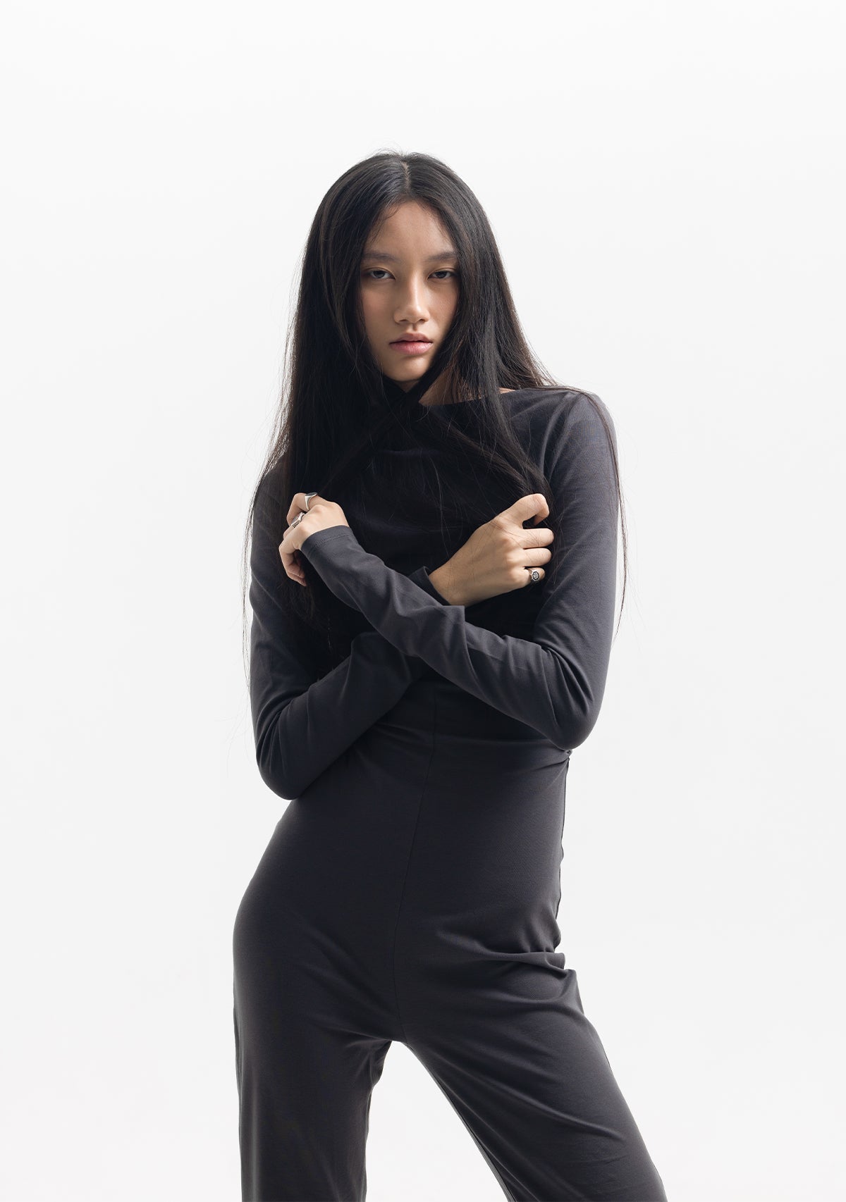 Tiny-Drapeli Tek Omuz Düşük Antrasit Pamuklu Tulum-Tulum-11-Milagron.com