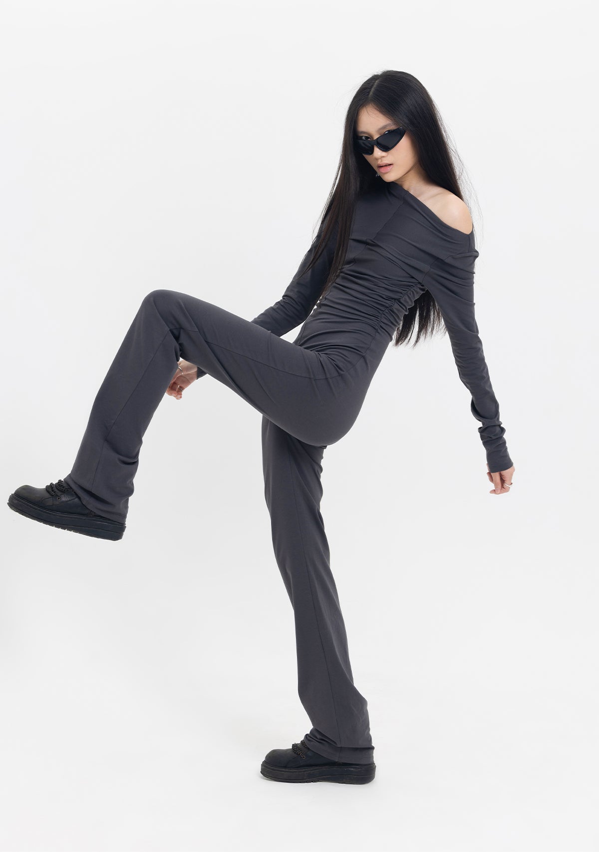 Tiny-Drapeli Tek Omuz Düşük Antrasit Pamuklu Tulum-Tulum-3-Milagron.com