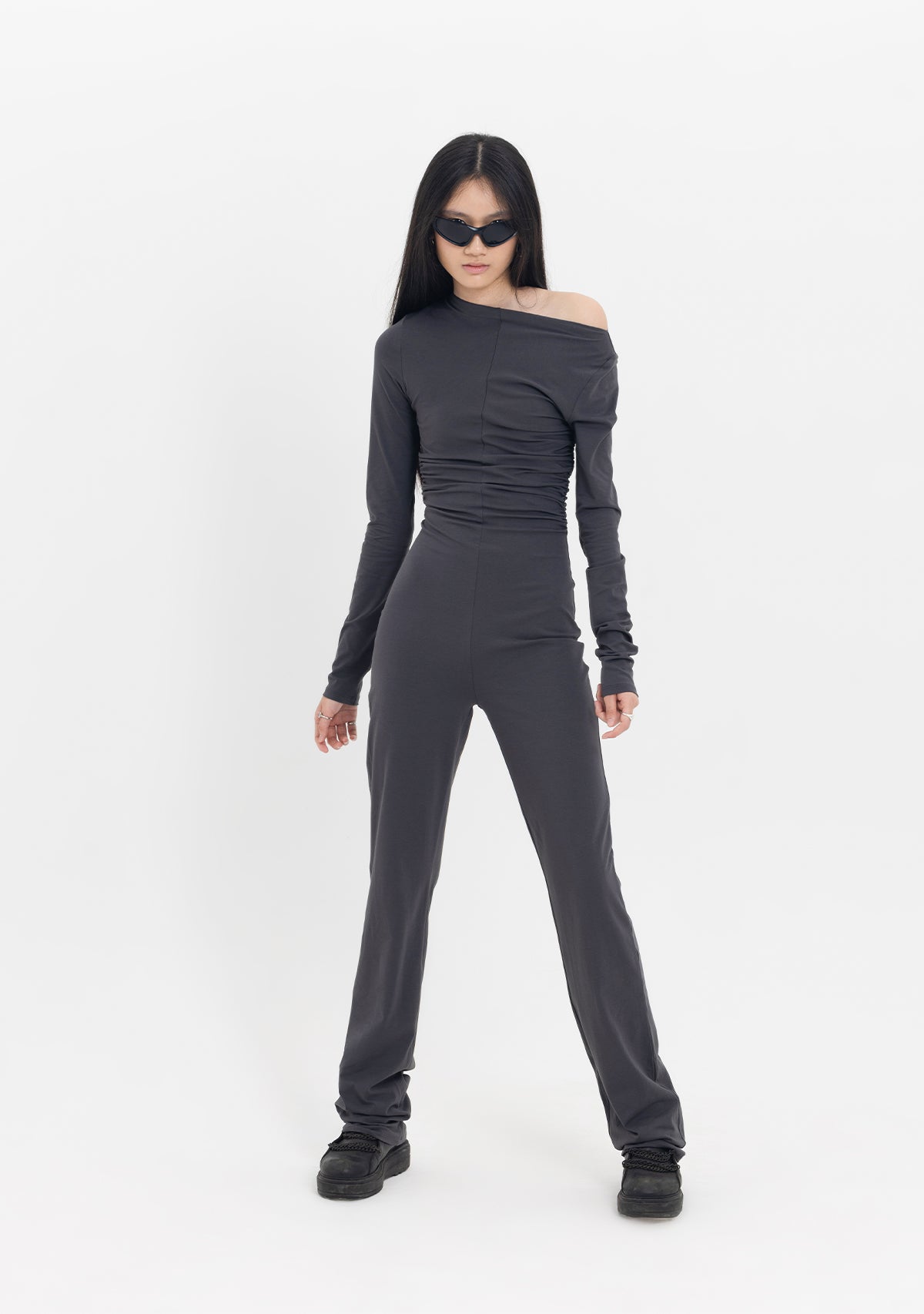 Tiny-Drapeli Tek Omuz Düşük Antrasit Pamuklu Tulum-Tulum-8-Milagron.com