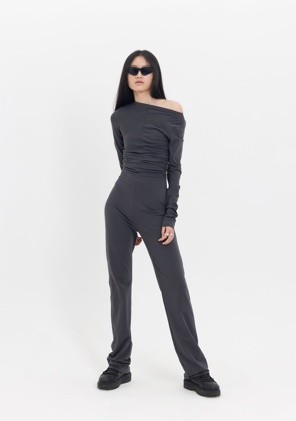 Tiny-Drapeli Tek Omuz Düşük Antrasit Pamuklu Tulum-Tulum-9-Milagron.com