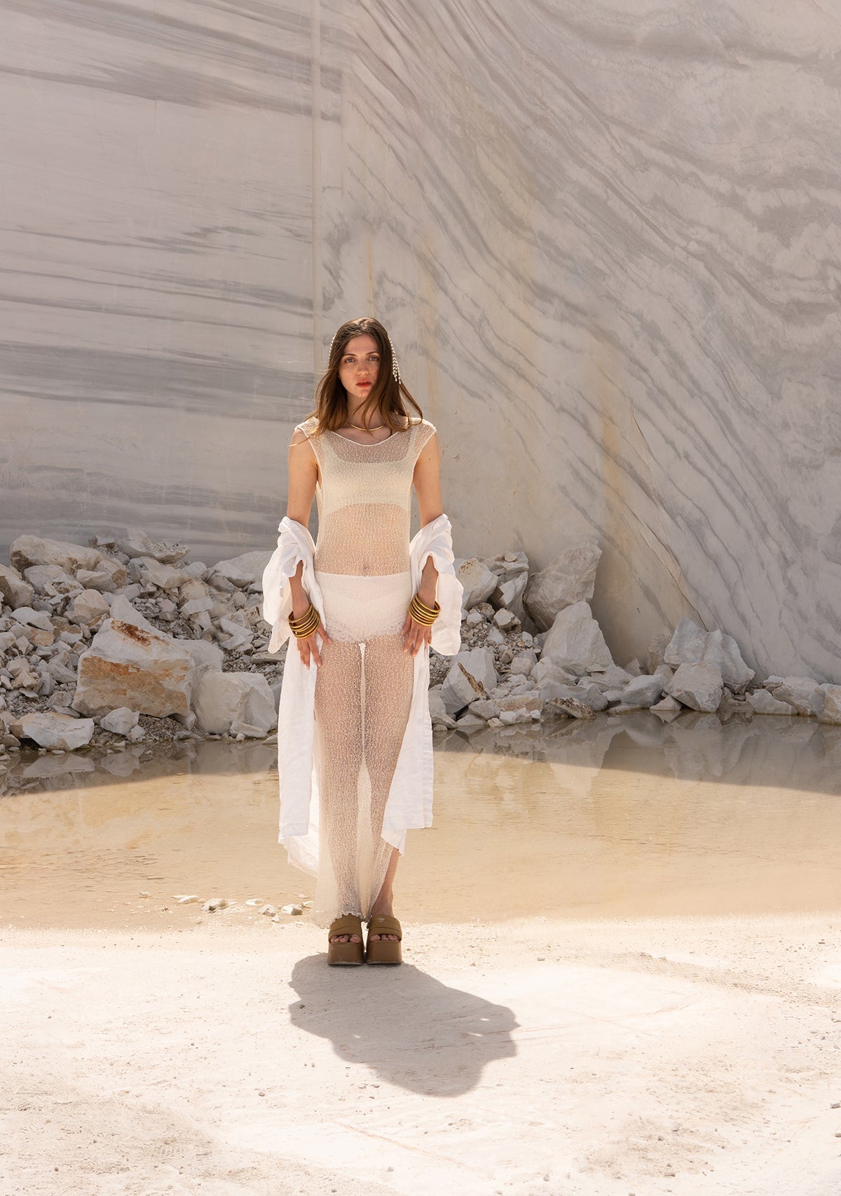 Tiny-El İşi Kolsuz Uzun Beyaz Elbise-Elbise-1-Milagron.com