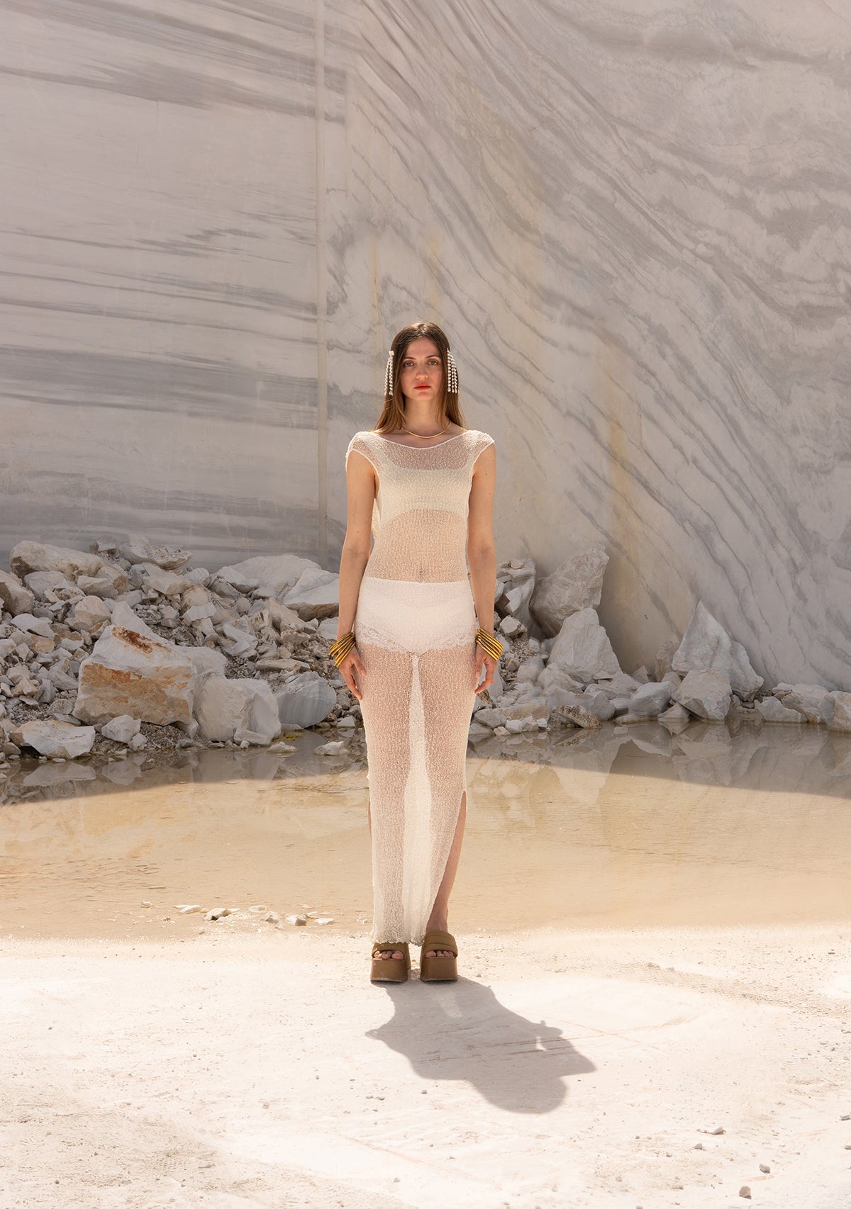 Tiny-El İşi Kolsuz Uzun Beyaz Elbise-Elbise-6-Milagron.com