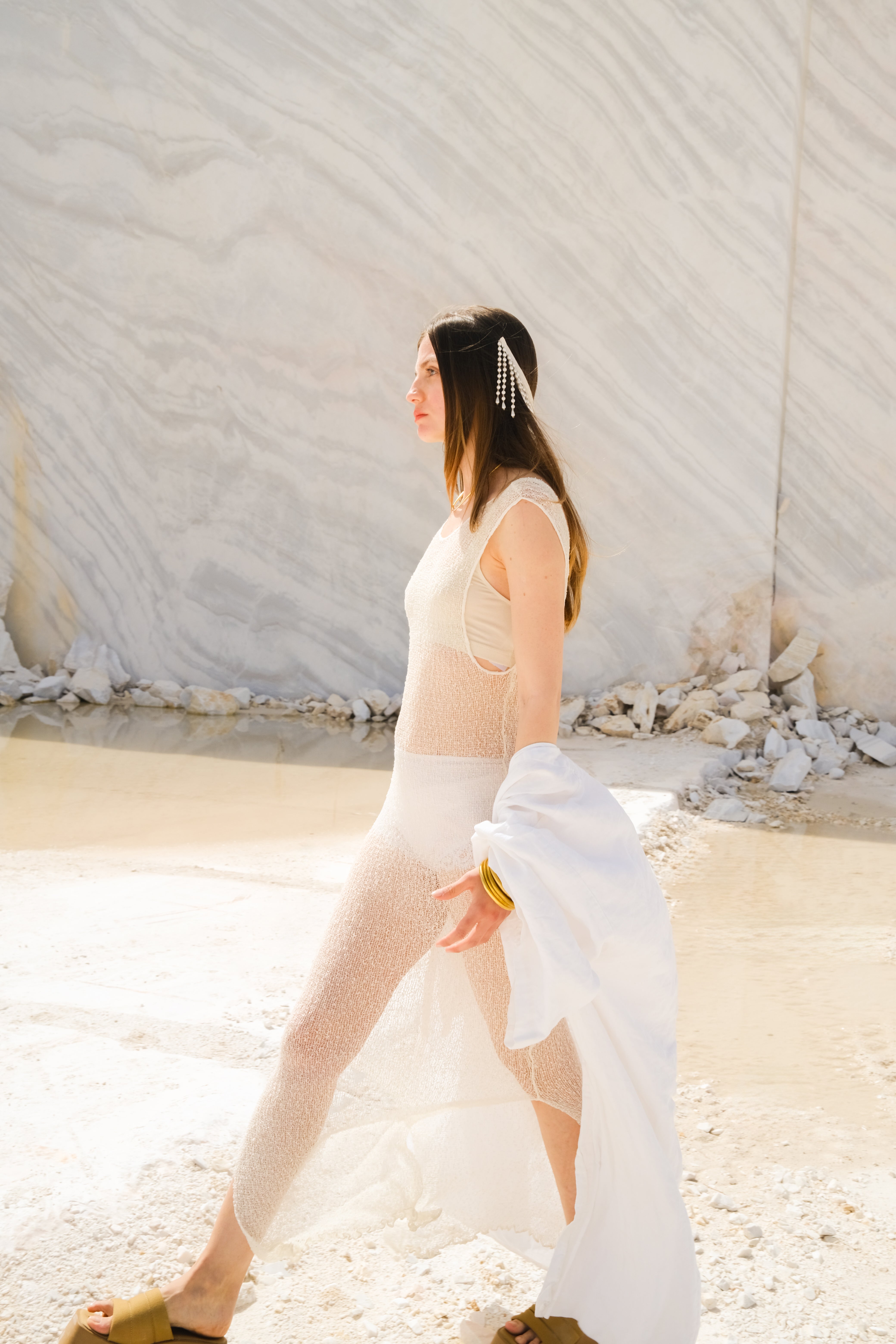 Tiny-El İşi Kolsuz Uzun Beyaz Elbise-Elbise-9-Milagron.com