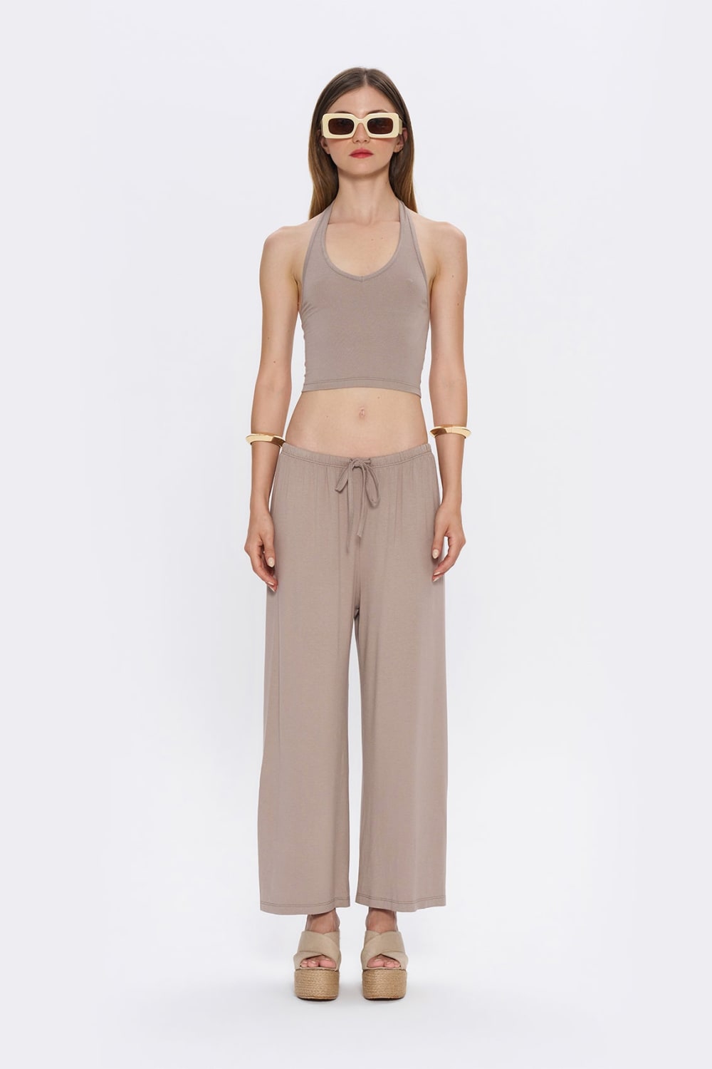 Tiny-Halter Yaka Açık Kahverengi Yumuşak Bluz-Top-1-Milagron.com