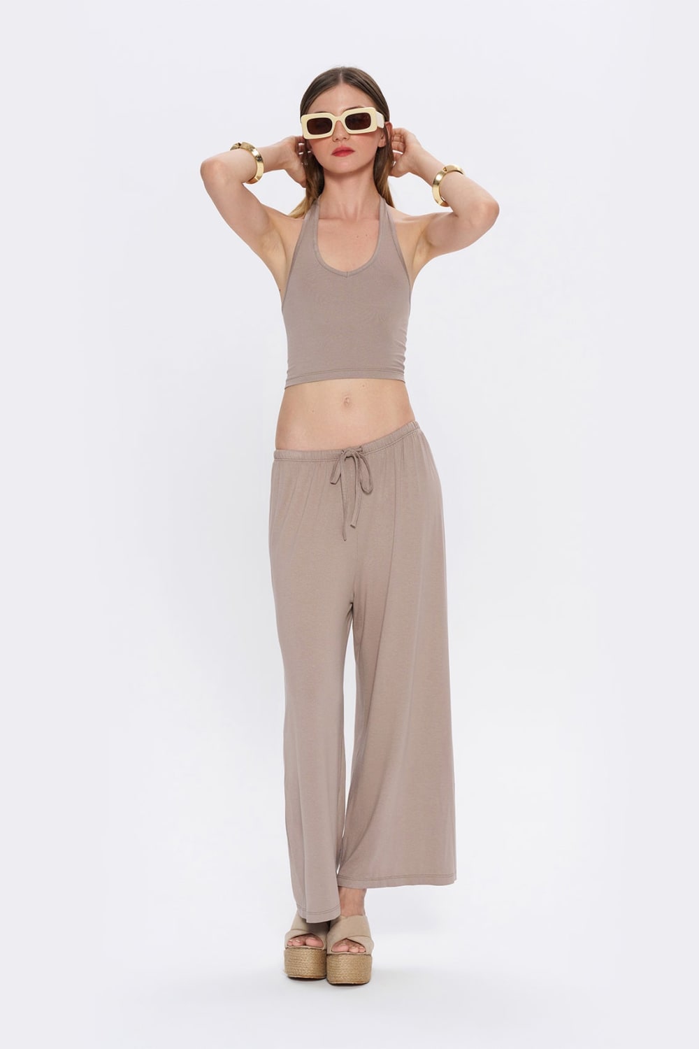 Tiny-Halter Yaka Açık Kahverengi Yumuşak Bluz-Top-5-Milagron.com