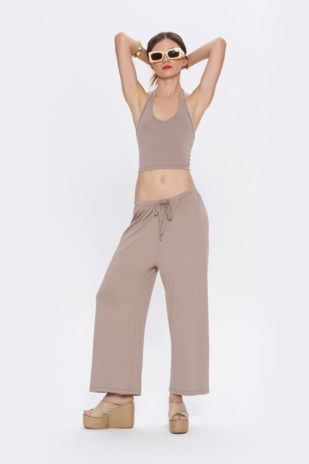 Tiny-Halter Yaka Açık Kahverengi Yumuşak Bluz-Top-6-Milagron.com