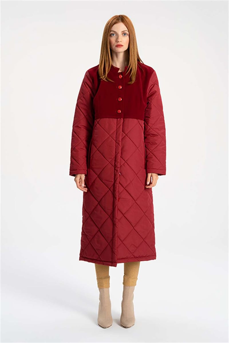 Tiny-Kırmızı Kadife Detaylı Kapitone Detaylı Kaban-Kaban-1-Milagron.com