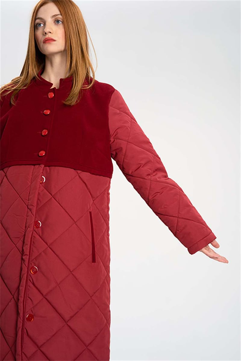 Tiny-Kırmızı Kadife Detaylı Kapitone Detaylı Kaban-Kaban-2-Milagron.com